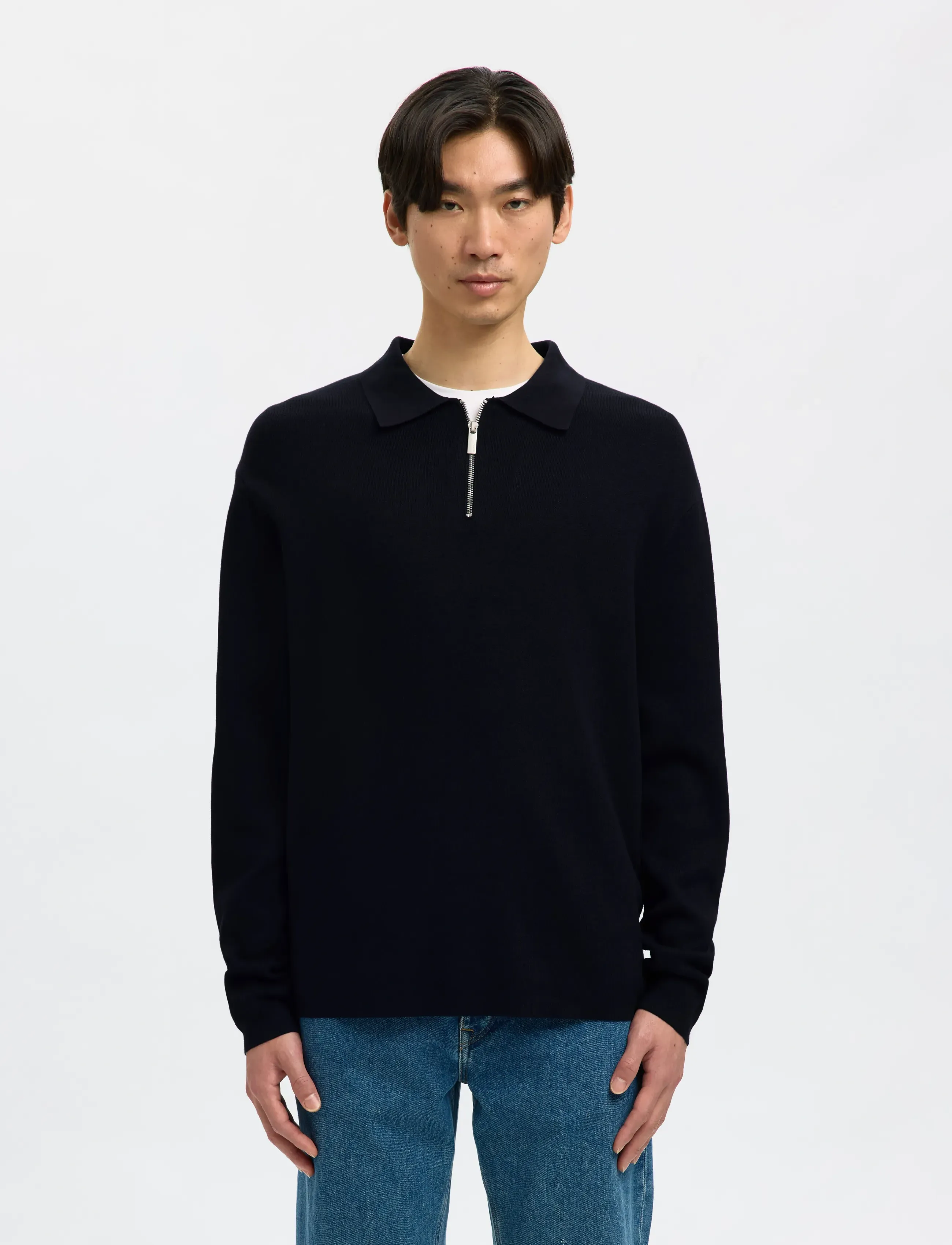 Selected SLMTELLER FN HALF ZIP POLO NOOS - Langärmelige Strick-Polohemden - SKY CAPTAIN / navy