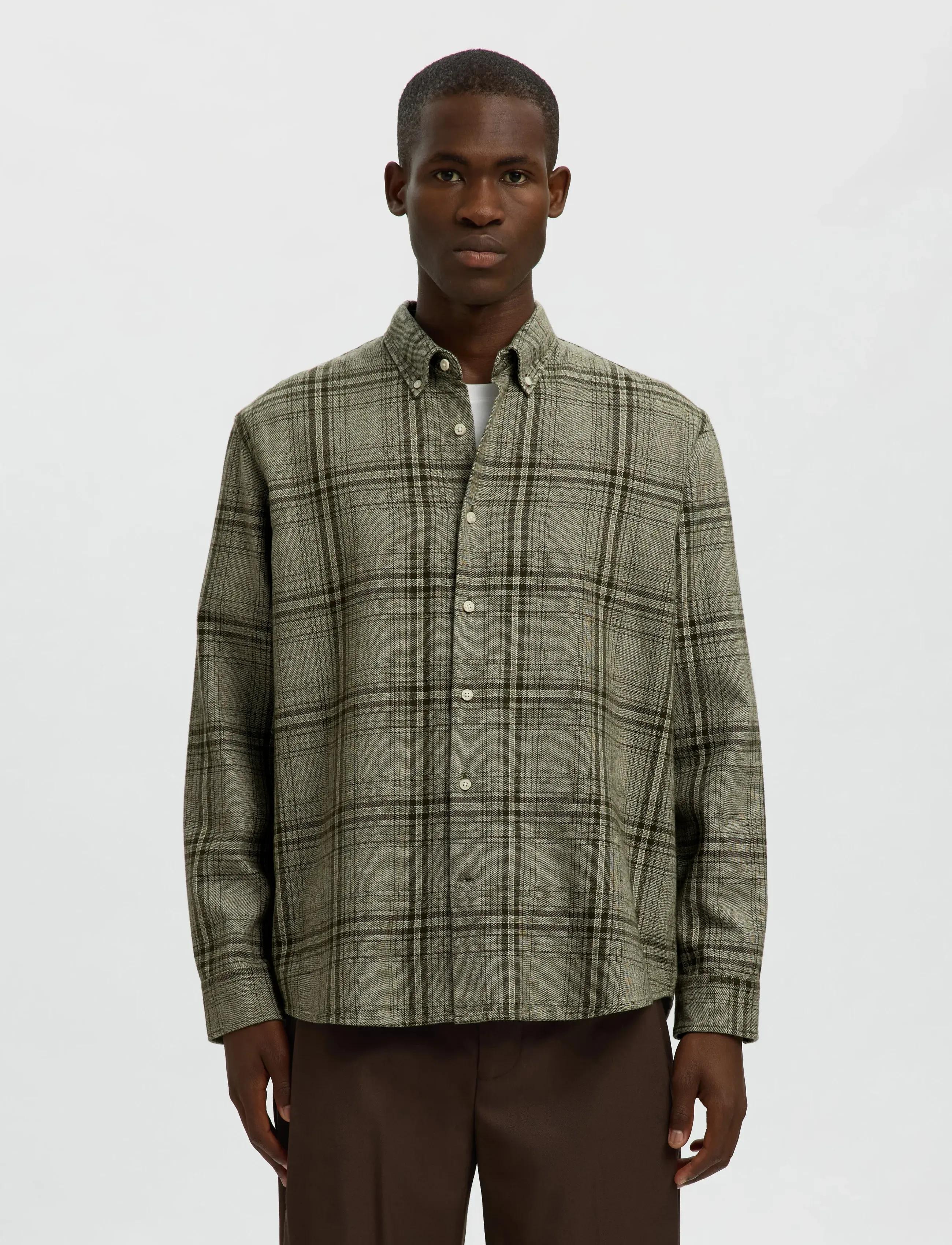 Selected Slhregnoah Mix Bdwn Ls Shirt Camp, S, Shirts, Khakigrün - Checkered Shirt, Männerswear