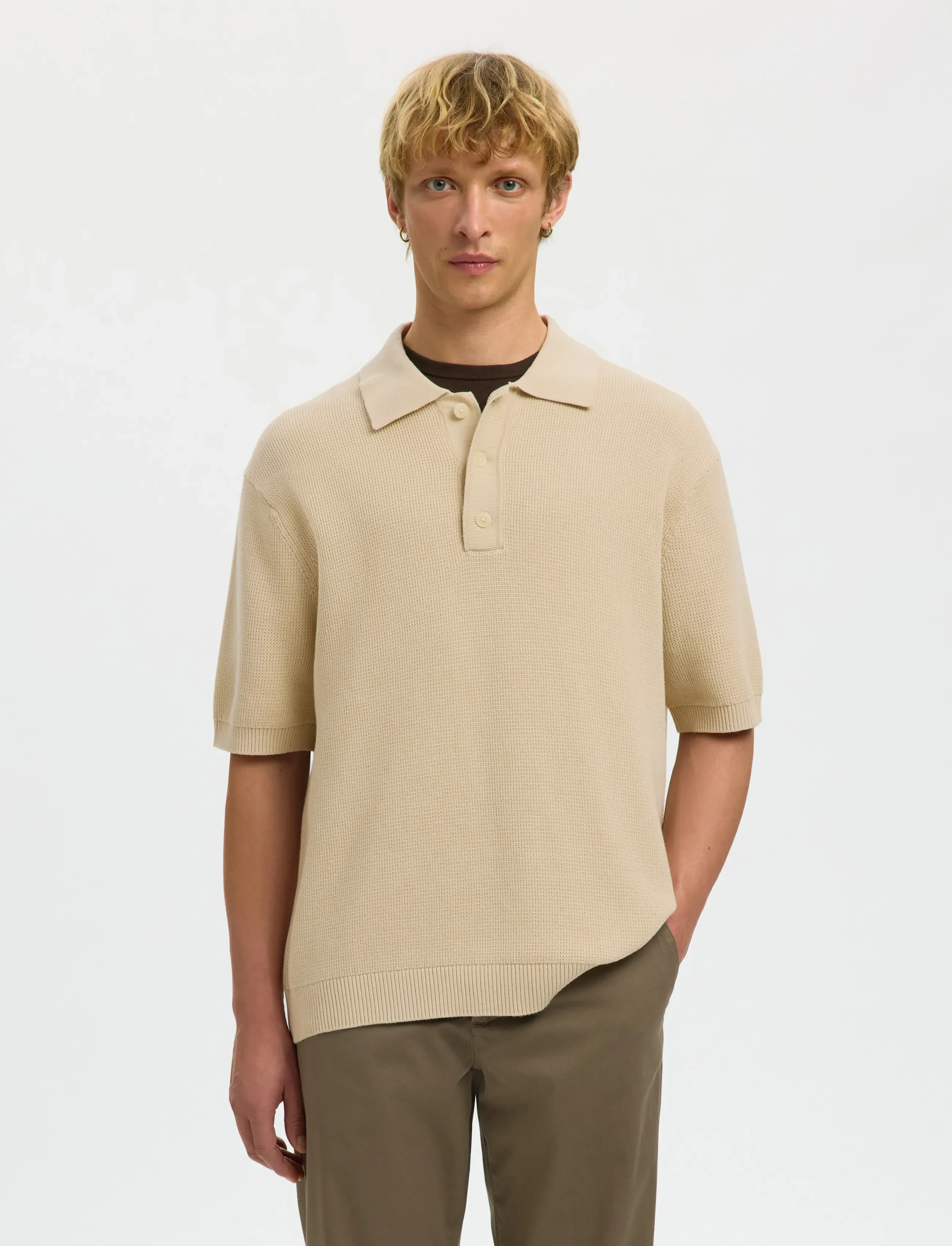 Selected Slhdane Ss Knit Relaxed Polo Noos, S, Knitwear, Beige - Short Sleeve Knitted Polos, Männerswear