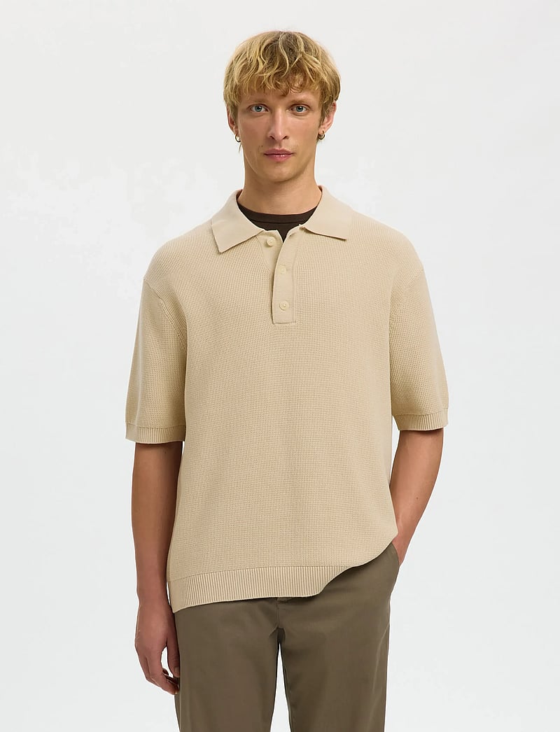 Selected - SLHDANE SS KNIT RELAXED POLO NOOS - kootud polosärgid - oatmeal - 0