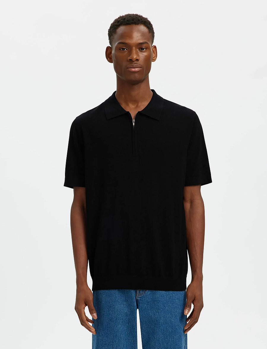 Selected - SLHTRAY SS KNIT HALF ZIP POLO NOOS - langärmlige strick-polohemden - black - 0