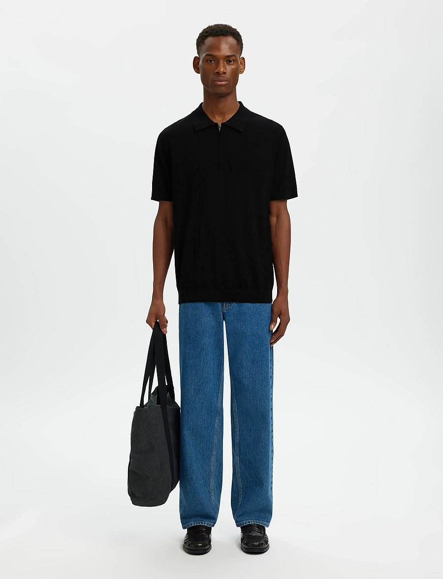 Selected - SLHTRAY SS KNIT HALF ZIP POLO NOOS - langärmlige strick-polohemden - black - 5