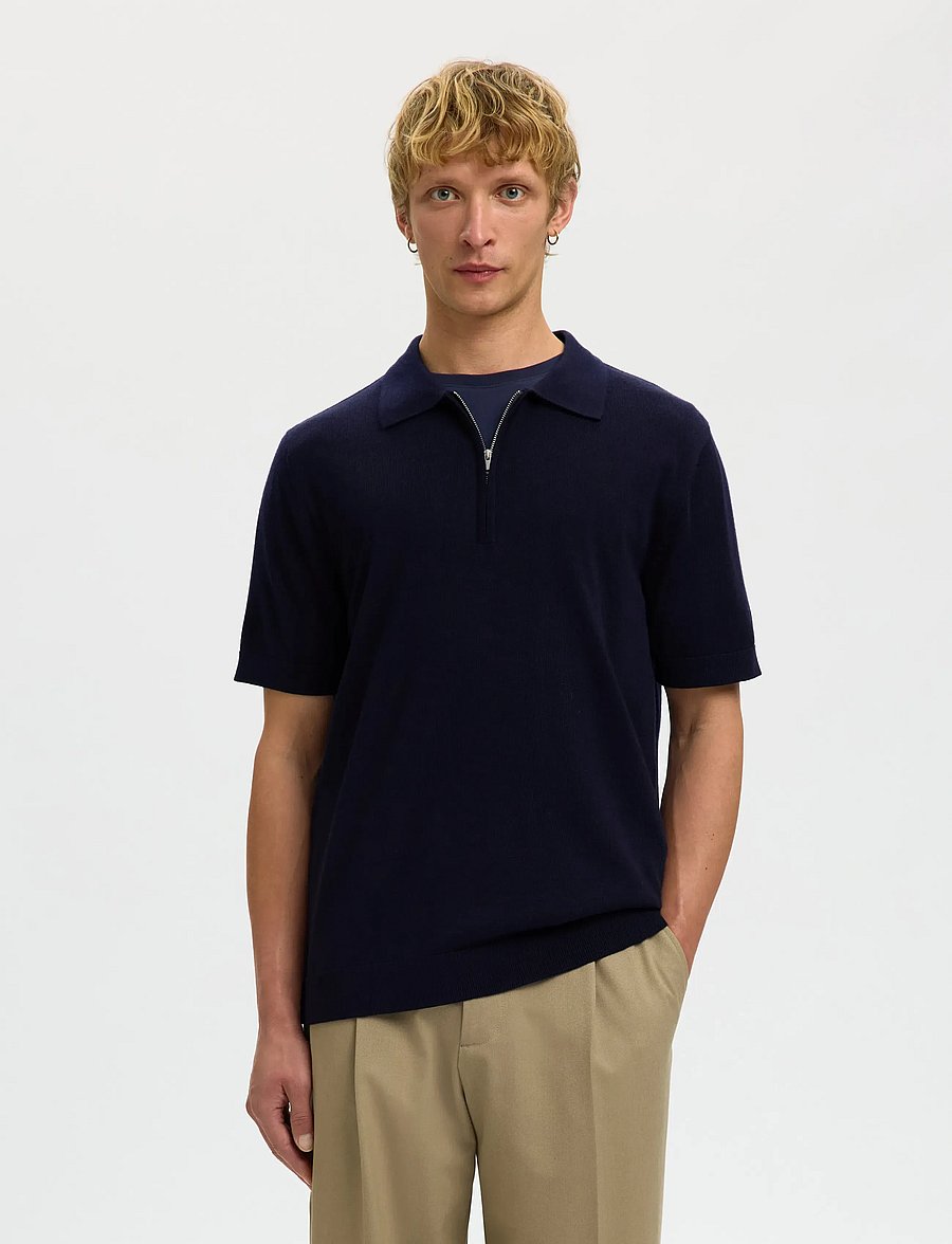 Selected - SLHTRAY SS KNIT HALF ZIP POLO NOOS - knitted polos - navy blazer - 0