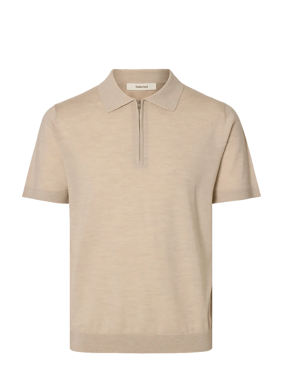 Selected - SLHTRAY SS KNIT HALF ZIP POLO NOOS - knitted polos - oatmeal - 1