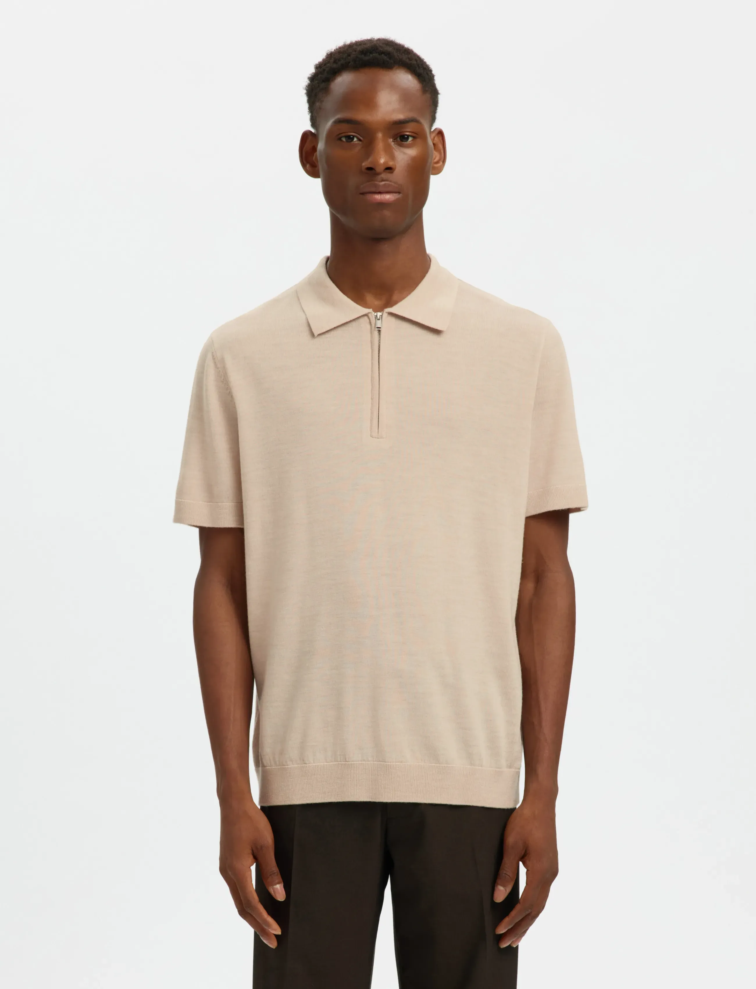 Selected Slhtray Ss Knit Half Zip Polo Noos, L, Knitwear, Beige - Jumpers, Männerswear