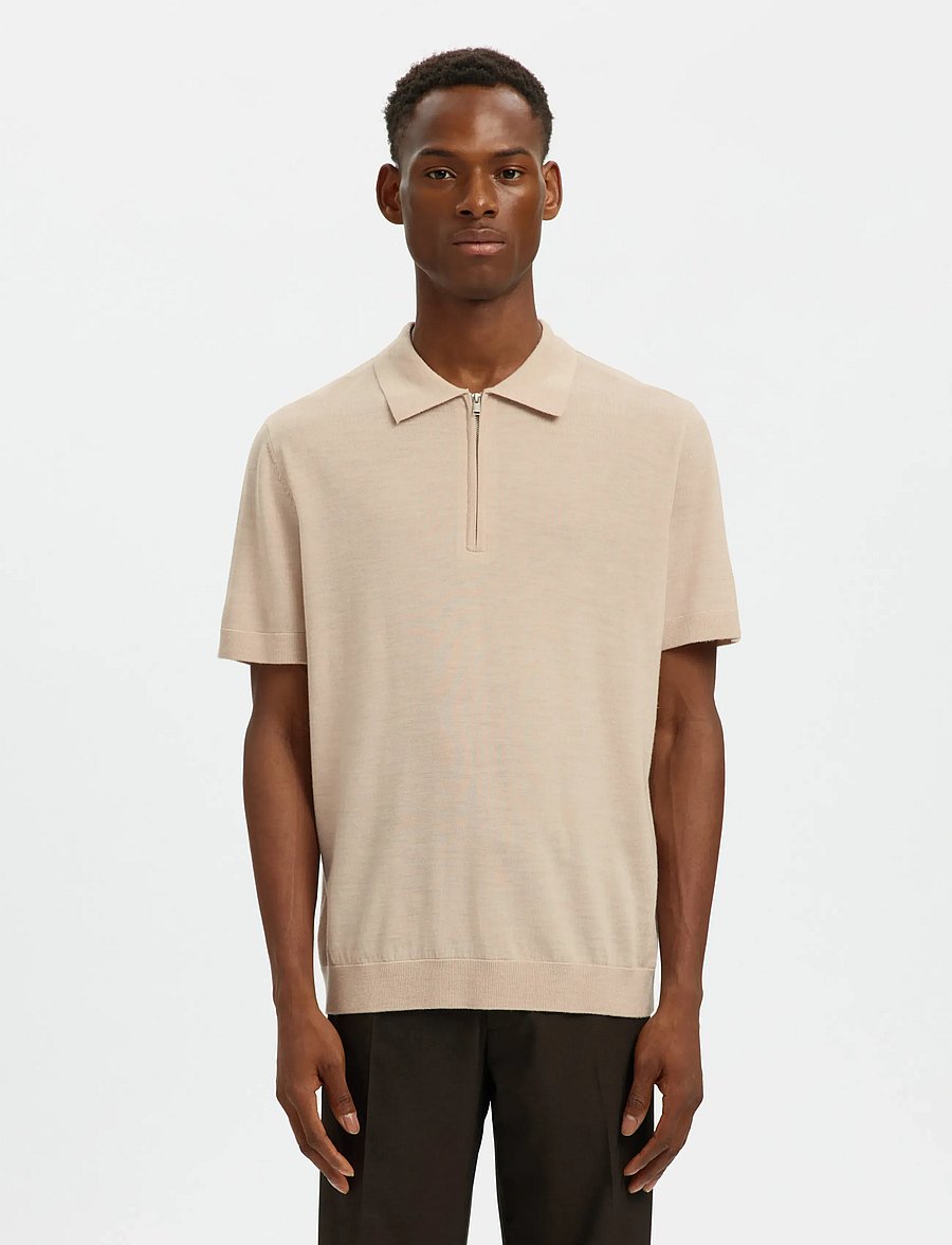 Selected - SLHTRAY SS KNIT HALF ZIP POLO NOOS - knitted polos - oatmeal - 0