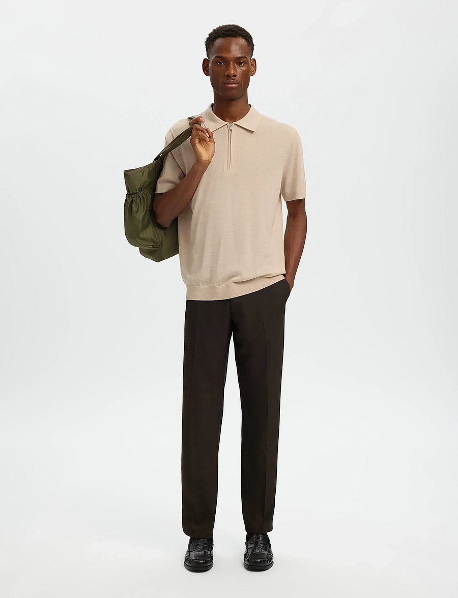Selected - SLHTRAY SS KNIT HALF ZIP POLO NOOS - knitted polos - oatmeal - 5