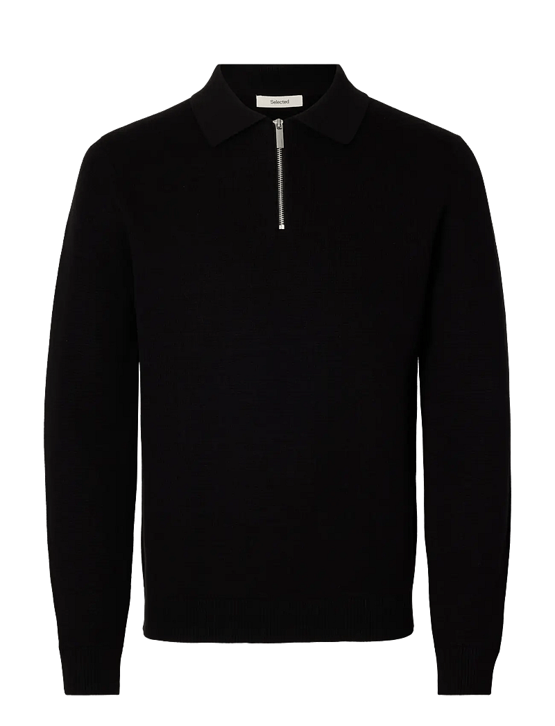 Selected - SLHDANE LS KNIT STRUC HALF ZIP POLO NOOS - kootud polosärgid - black - 1