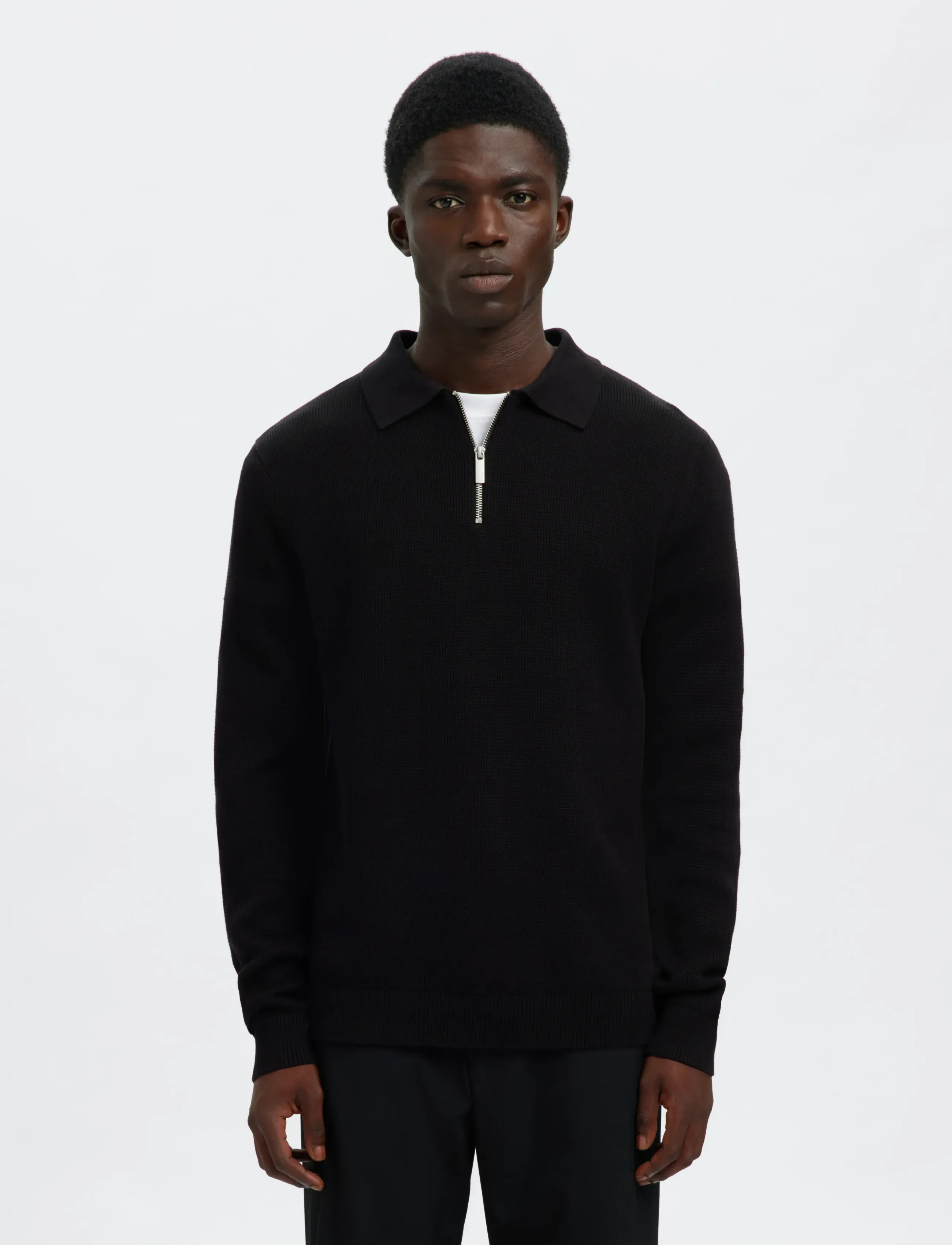 Selected Slhdane Ls Knit Struc Half Zip Polo Noos, Mænd, Strikket Half Zip Polo, Sort, Str: XL
