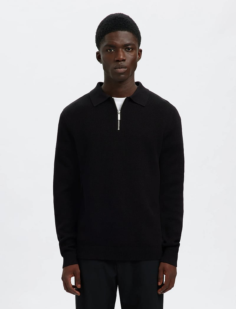 Selected - SLHDANE LS KNIT STRUC HALF ZIP POLO NOOS - kootud polosärgid - black - 0