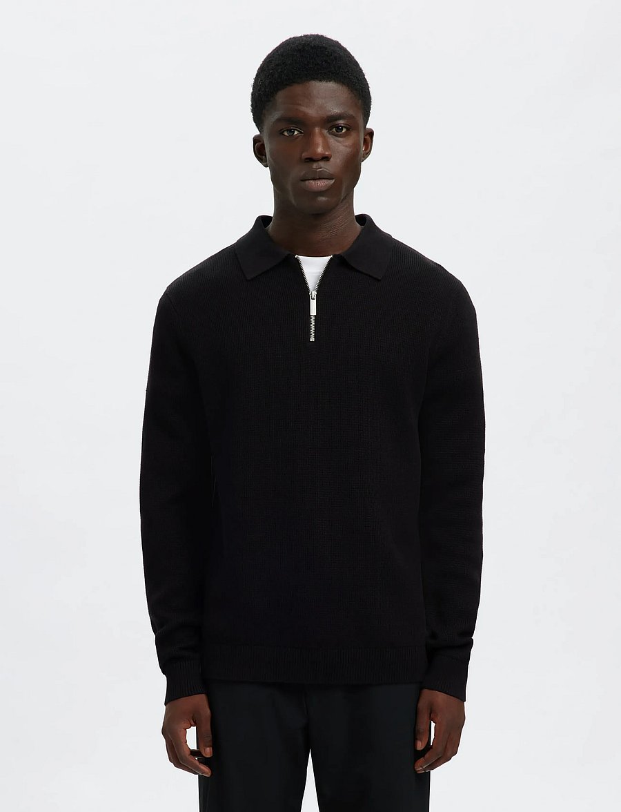 Selected - SLHDANE LS KNIT STRUC HALF ZIP POLO NOOS - långärmade stickade pikétröjor - black - 0