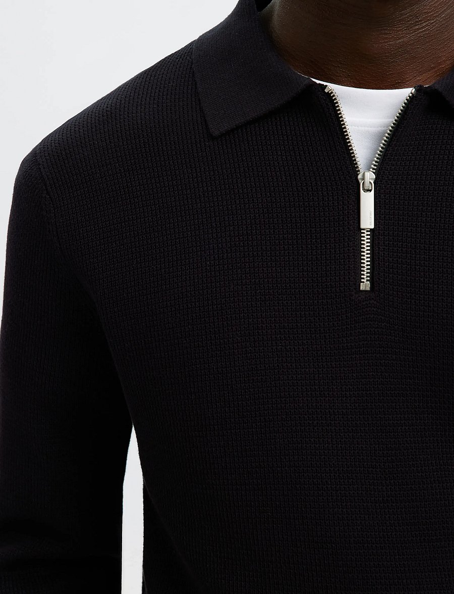 Selected - SLHDANE LS KNIT STRUC HALF ZIP POLO NOOS - långärmade stickade pikétröjor - black - 4