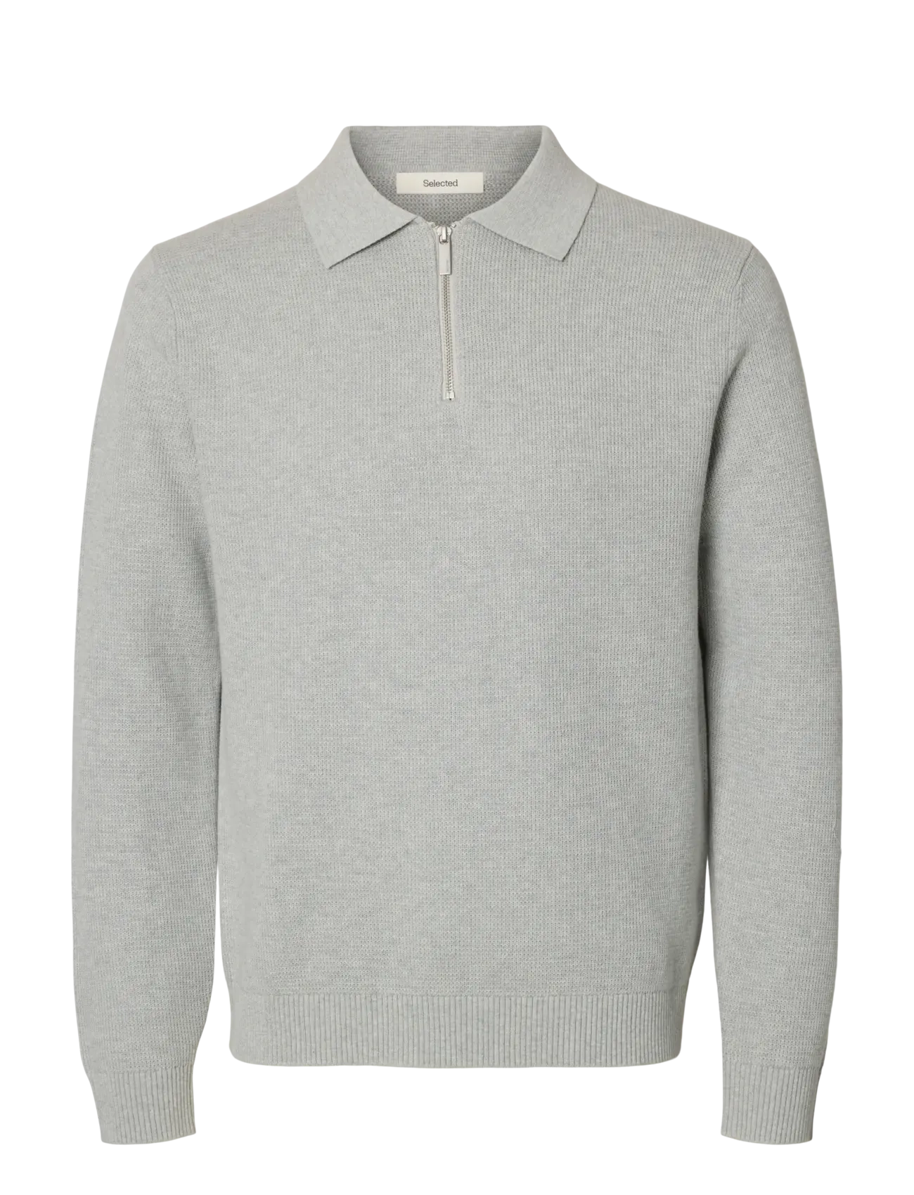 SLHDANE LS KNIT STRUC HALF ZIP POLO NOOS - LIGHT GREY MELANGE