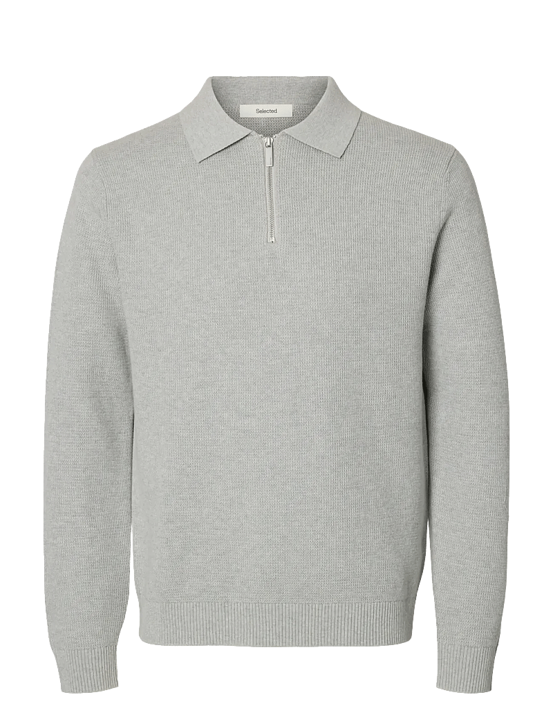 Selected - SLHDANE LS KNIT STRUC HALF ZIP POLO NOOS - kootud polosärgid - light grey melange - 1