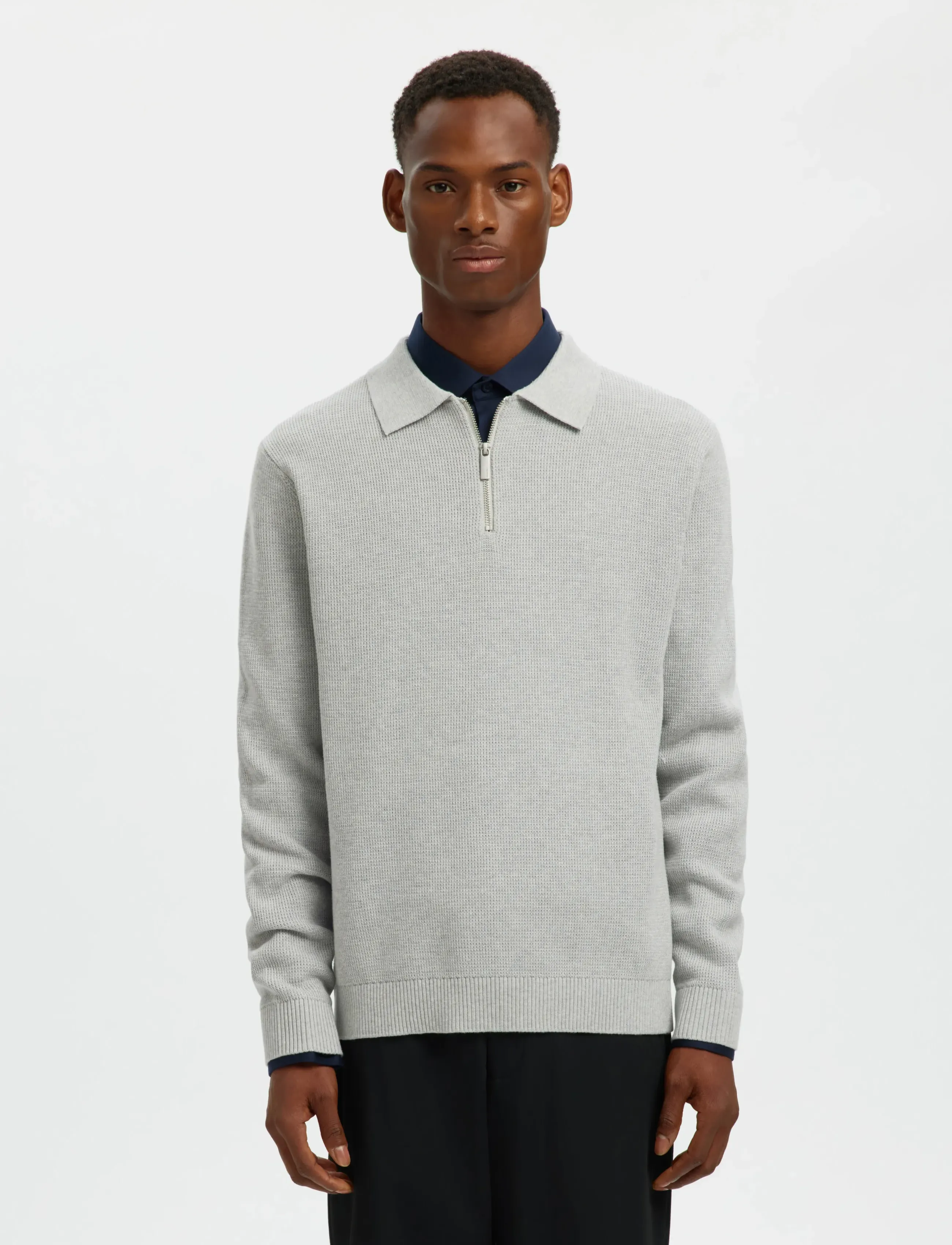 Selected Slhdane Ls Knit Struc Half Zip Polo Noos, Mænd, Strikket Half Zip Polo, Grå, Str: L
