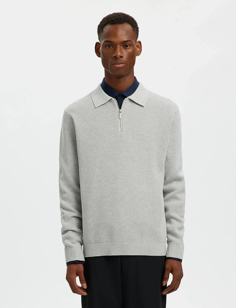 Selected - SLHDANE LS KNIT STRUC HALF ZIP POLO NOOS - dzianinowe koszulki polo z długim rękawem - light grey melange - 0