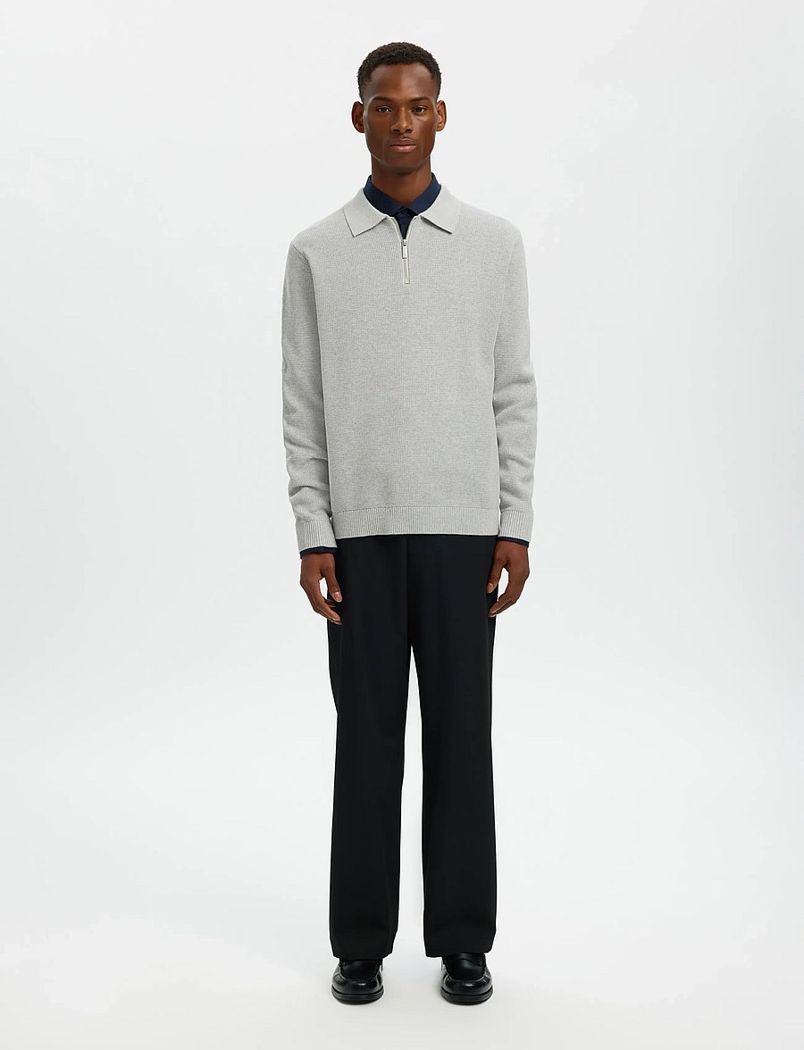 Selected - SLHDANE LS KNIT STRUC HALF ZIP POLO NOOS - dzianinowe koszulki polo z długim rękawem - light grey melange - 3