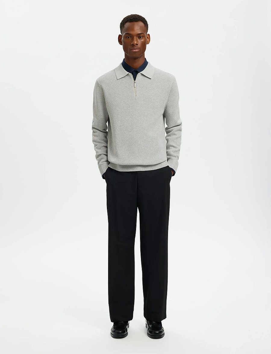 Selected - SLHDANE LS KNIT STRUC HALF ZIP POLO NOOS - dzianinowe koszulki polo z długim rękawem - light grey melange - 5