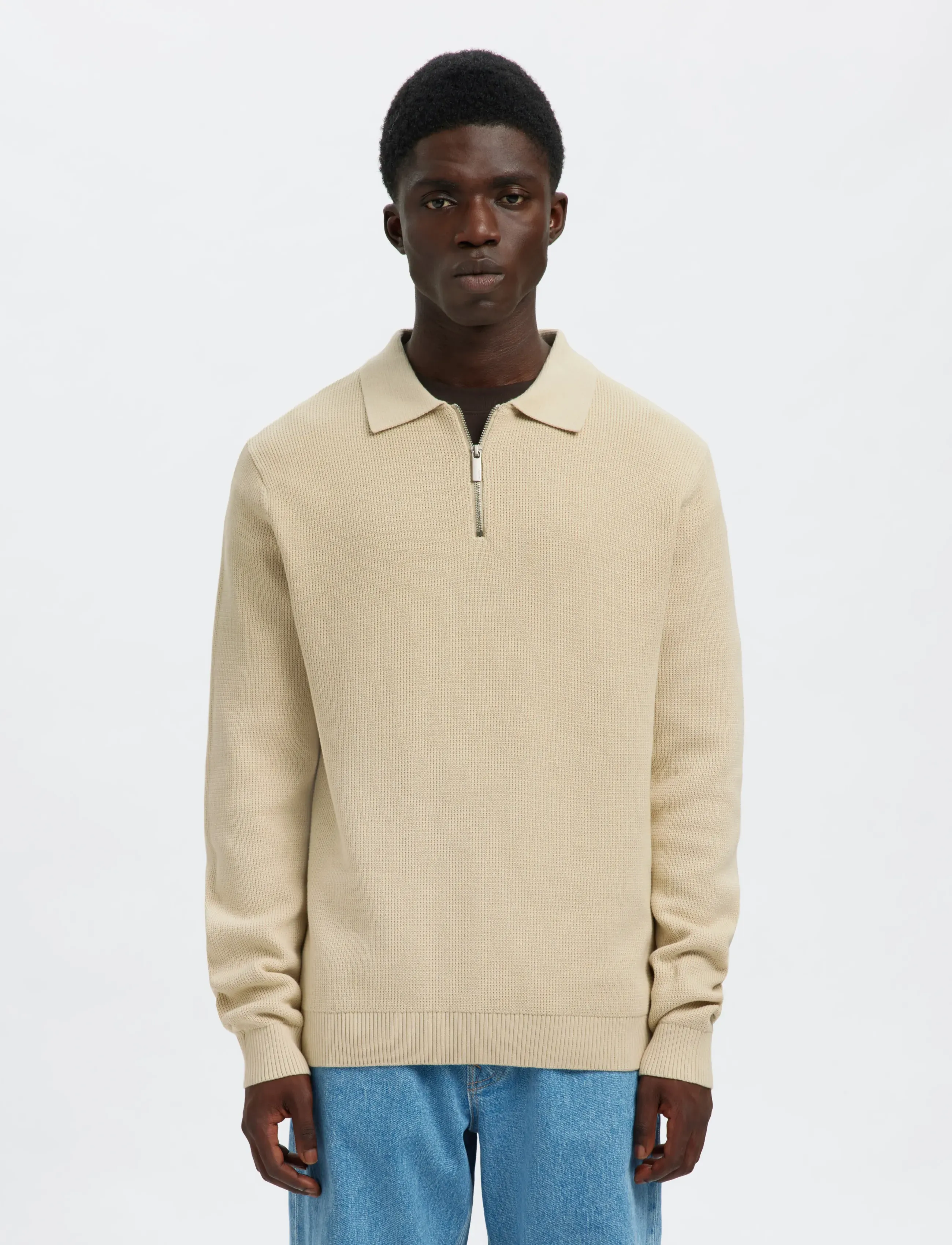 Selected SLHDANE LS KNIT STRUC HALF ZIP POLO NOOS - Knitted polos - OATMEAL / beige