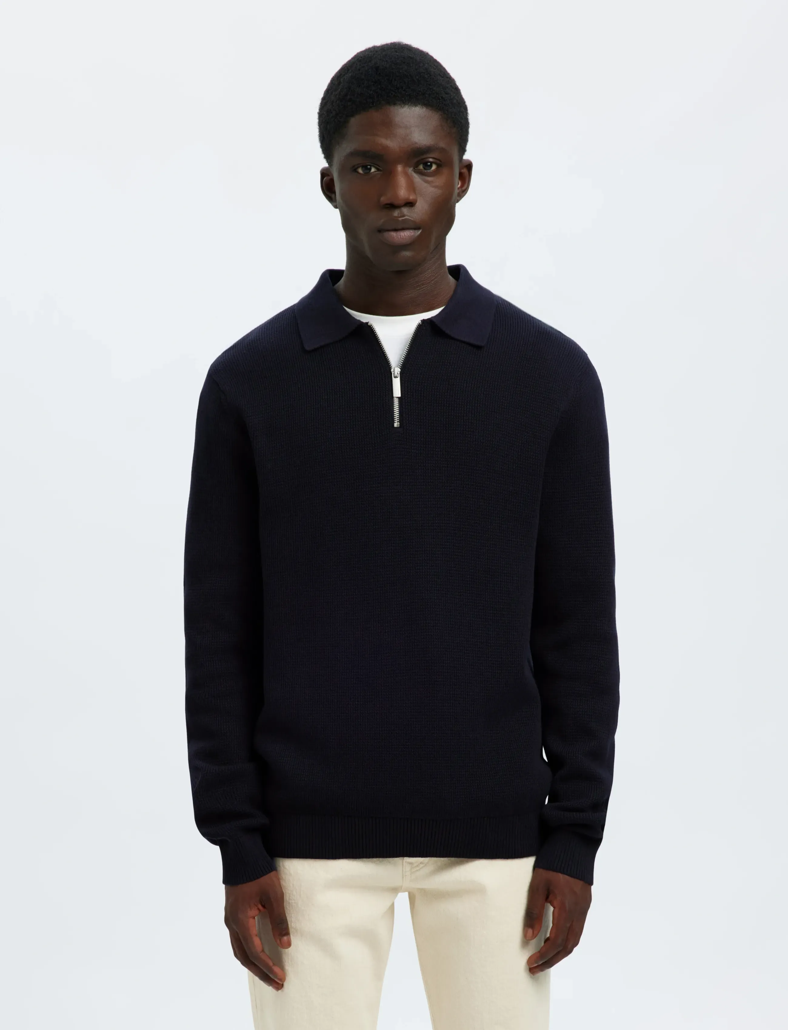Selected Slhdane Ls Knit Struc Half Zip Polo Noos, Mænd, Strikket Half Zip Polo, Sort, Str: XL