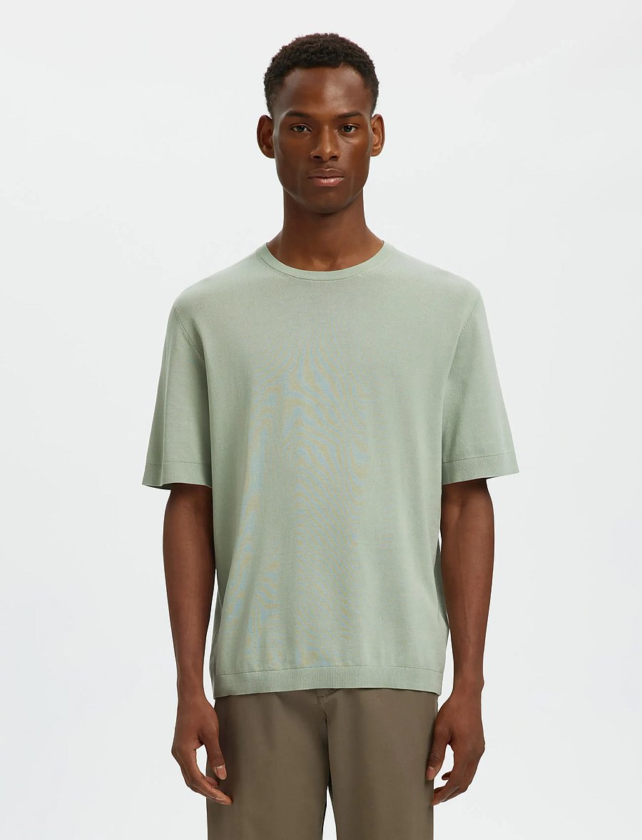 Selected - SLMTORINO SS KNIT REG CREW NECK NOOS - kortärmade t-shirts - aqua gray - 0