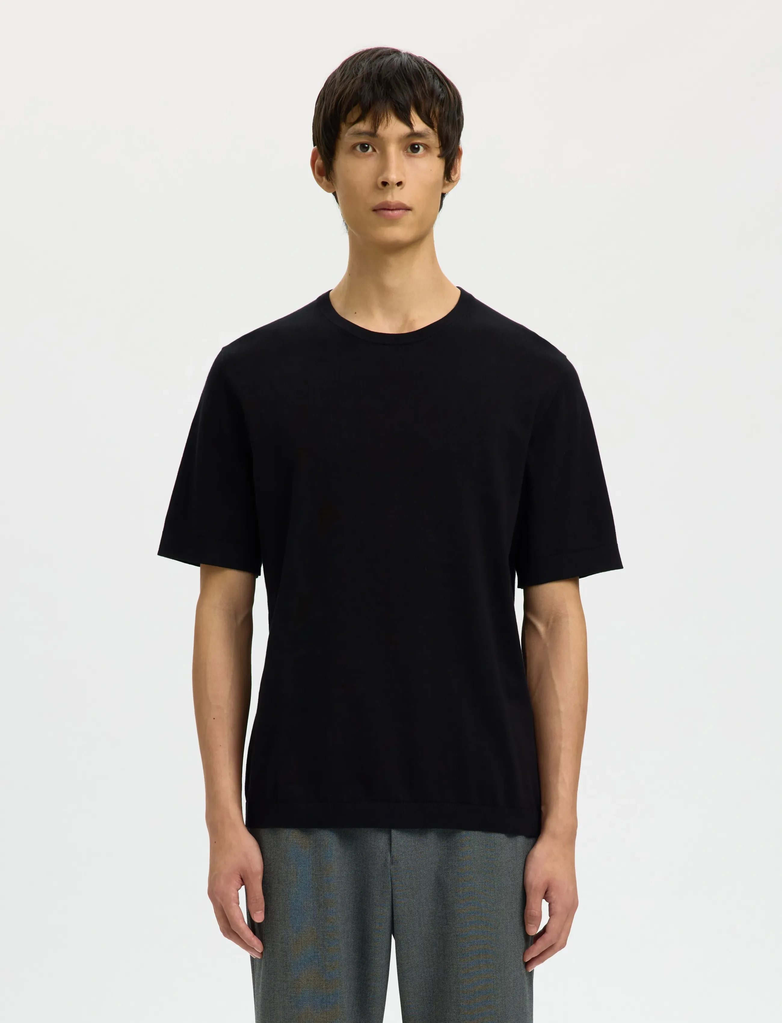 Selected SLMTORINO SS KNIT CREW NECK NOOS - Tänavastiil - BLACK / black