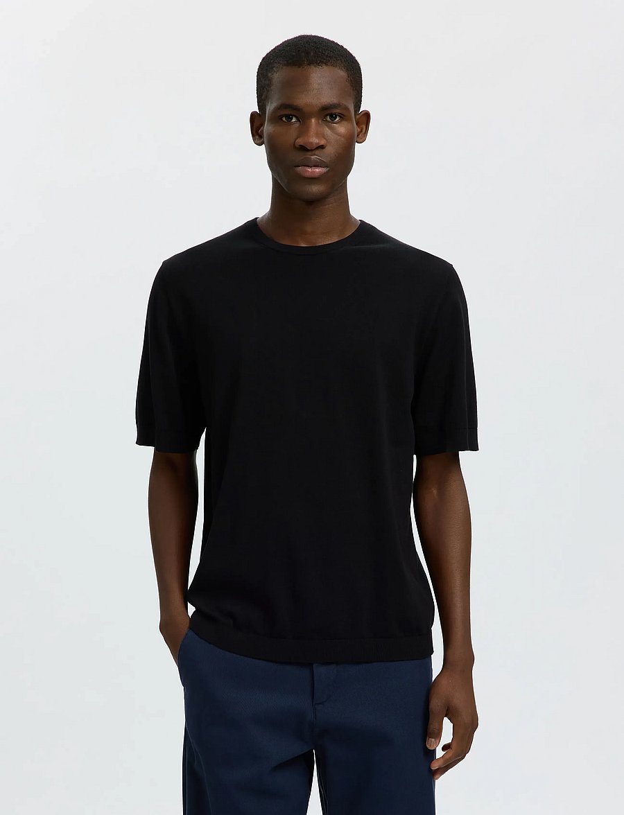 Selected - SLMTORINO SS KNIT REG CREW NECK NOOS - lühikeste varrukatega t-särgid - black - 0