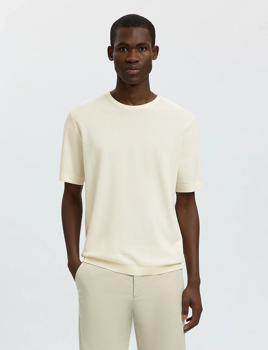Selected - SLMTORINO SS KNIT CREW NECK NOOS - kurzärmelige t-shirts - egret - 0
