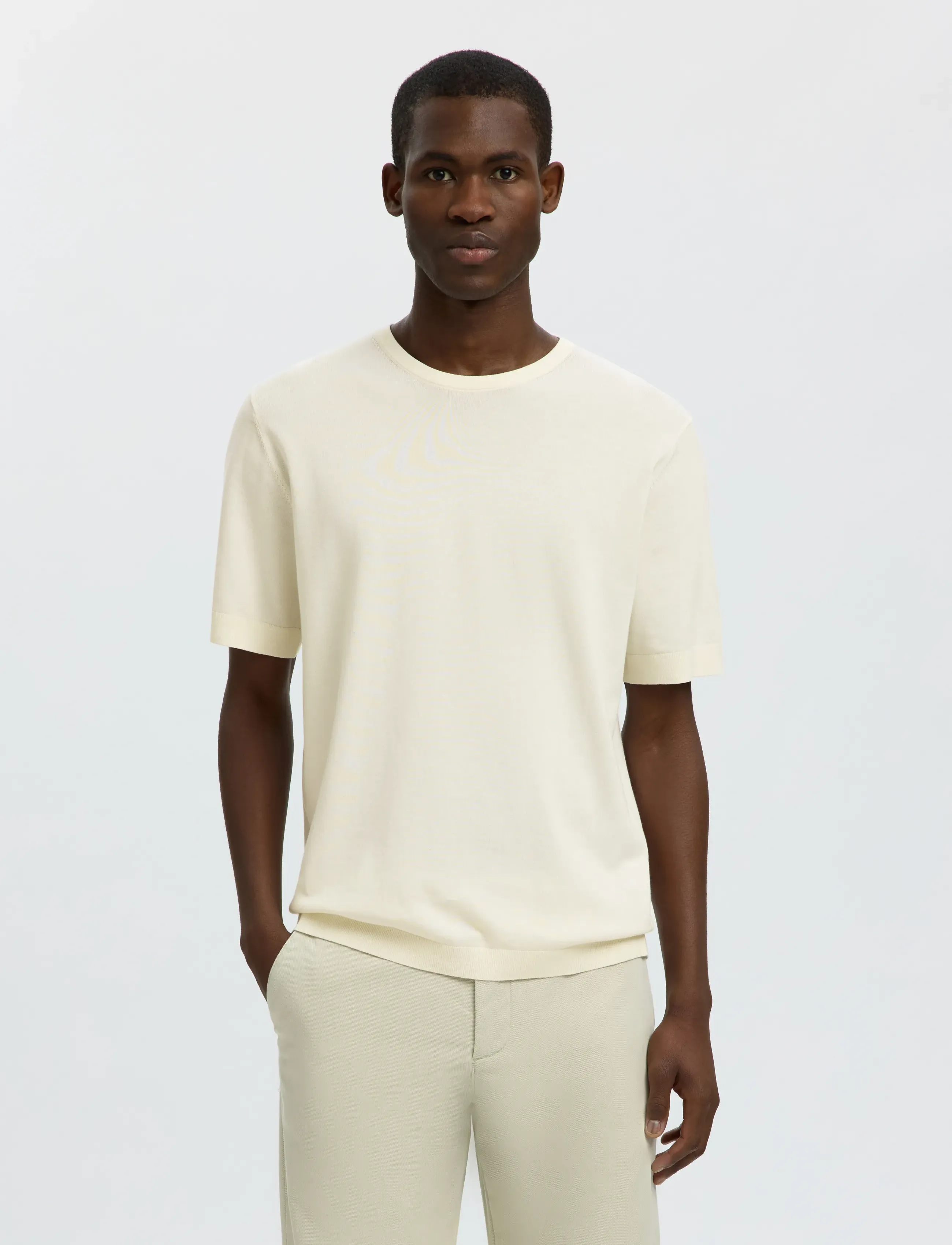 Selected SLMTORINO SS KNIT CREW NECK NOOS - Tøj - EGRET / cream