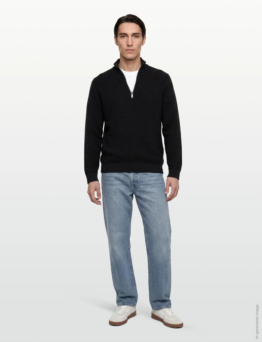 Selected - SLHROSS LS KNIT STRUCTURE HALF ZIP NOOS - halfzip strik - black - 0