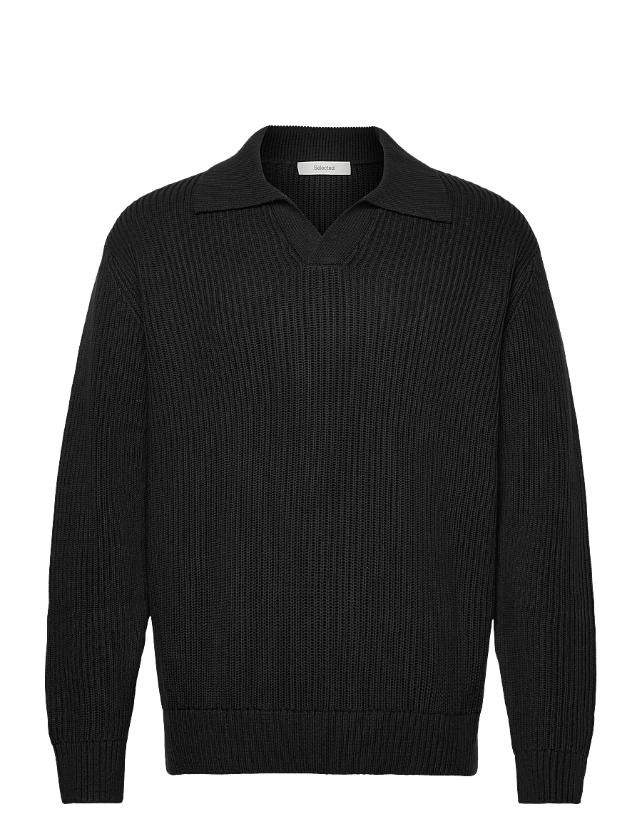 Selected - SLHDRY LS KNIT RELAXED OPEN POLO - polos en tricot à manches longues - black - 0