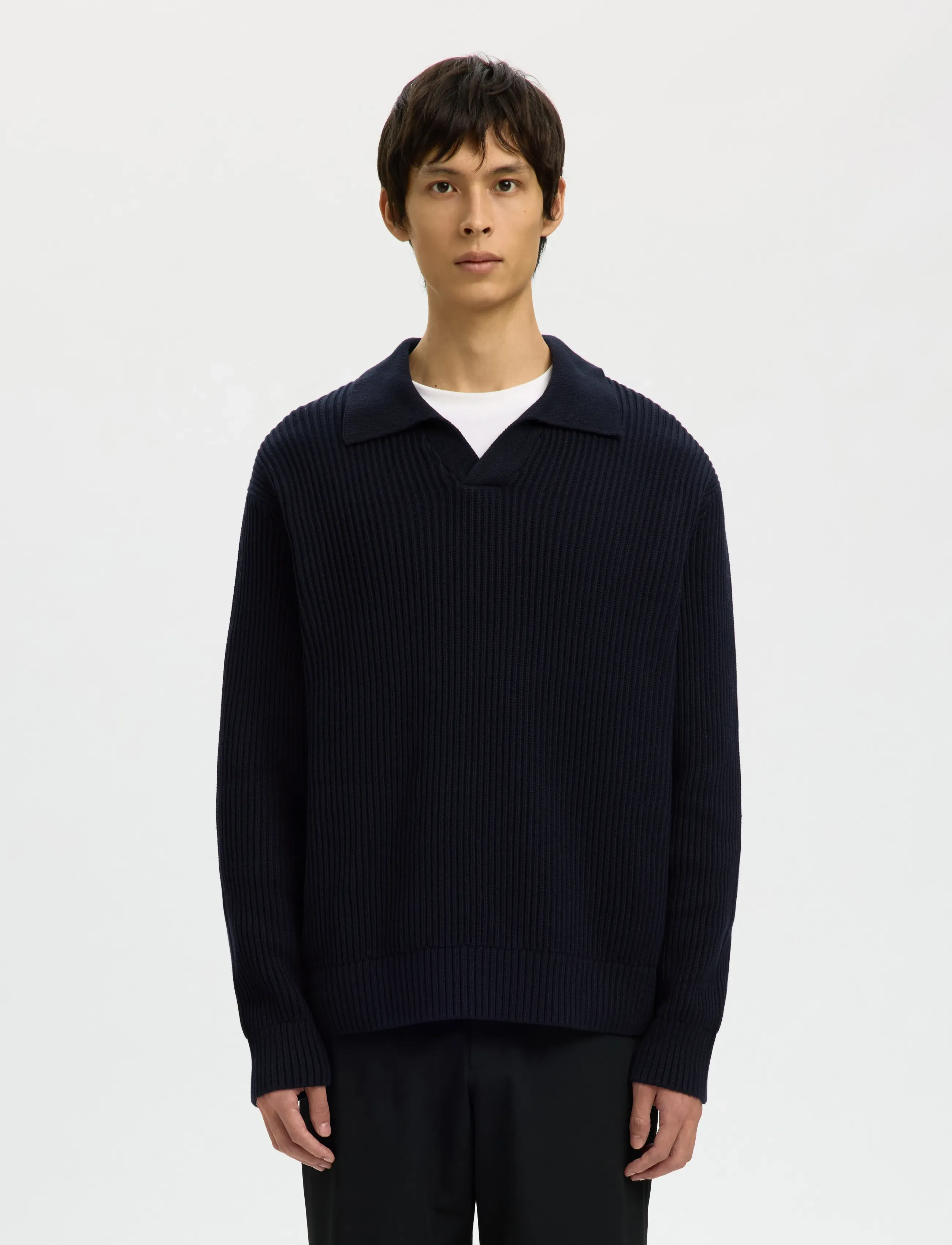 Selected SLHDRY LS KNIT RELAXED OPEN POLO - Strickmode - SKY CAPTAIN / navy
