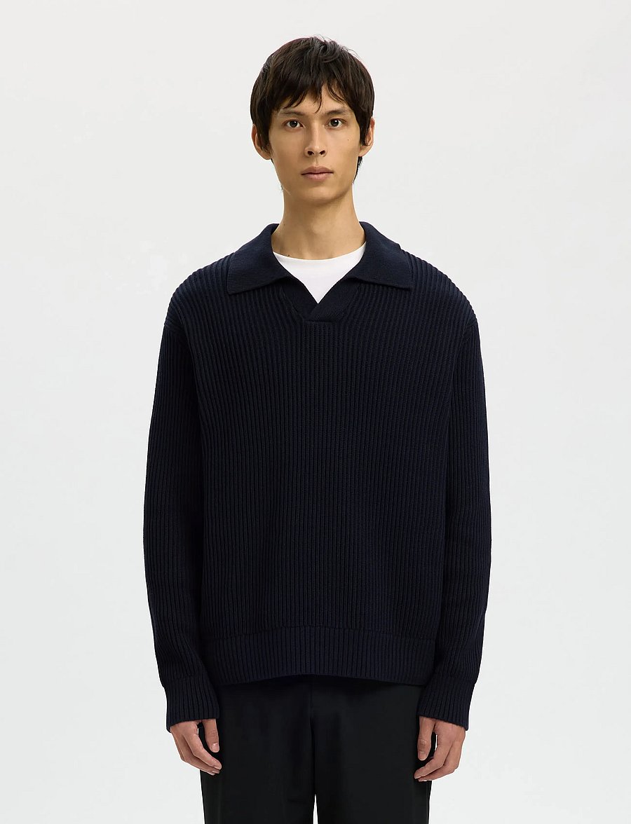 Selected - SLHDRY LS KNIT RELAXED OPEN POLO - langärmelige gestrickte polohemden - sky captain - 0