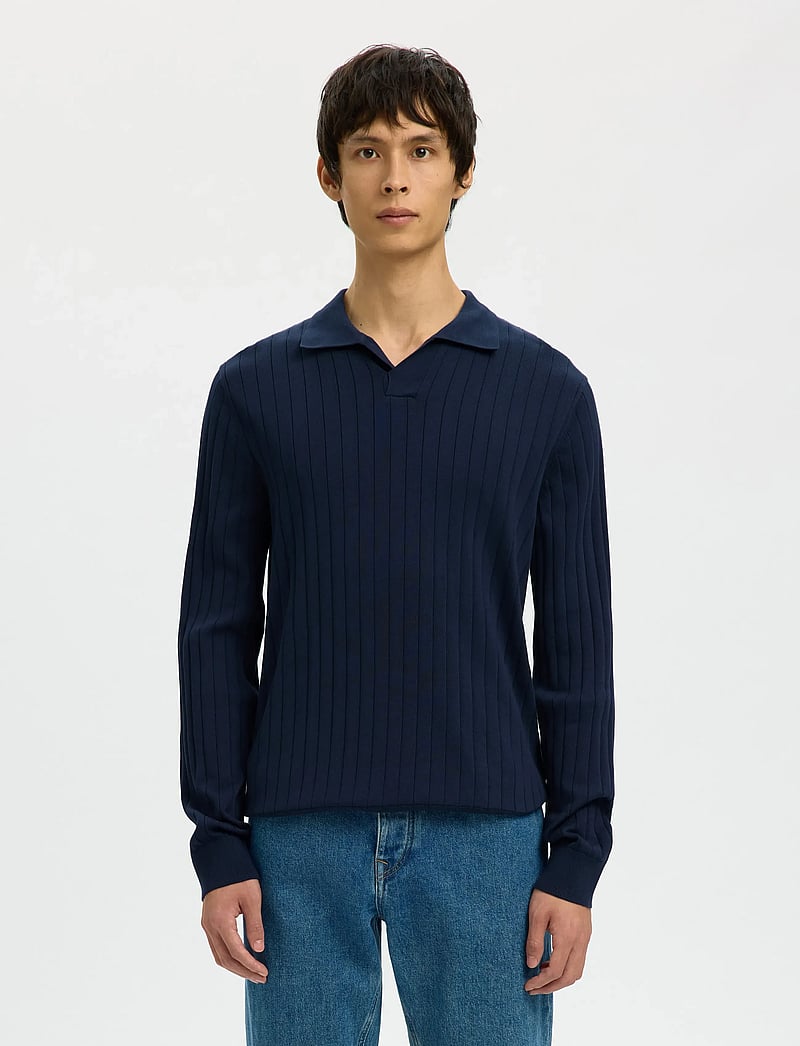 Selected - SLHTORINO LS KNIT OPEN STITCH POLO - geweven polo's - navy blazer - 0