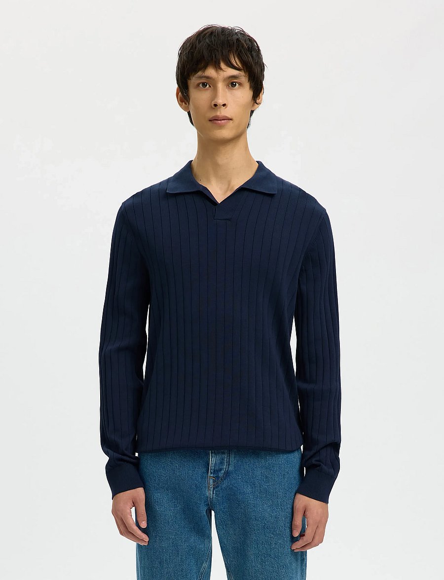 Selected - SLHTORINO LS KNIT OPEN STITCH POLO - pitkähihaiset neulepoolot - navy blazer - 0