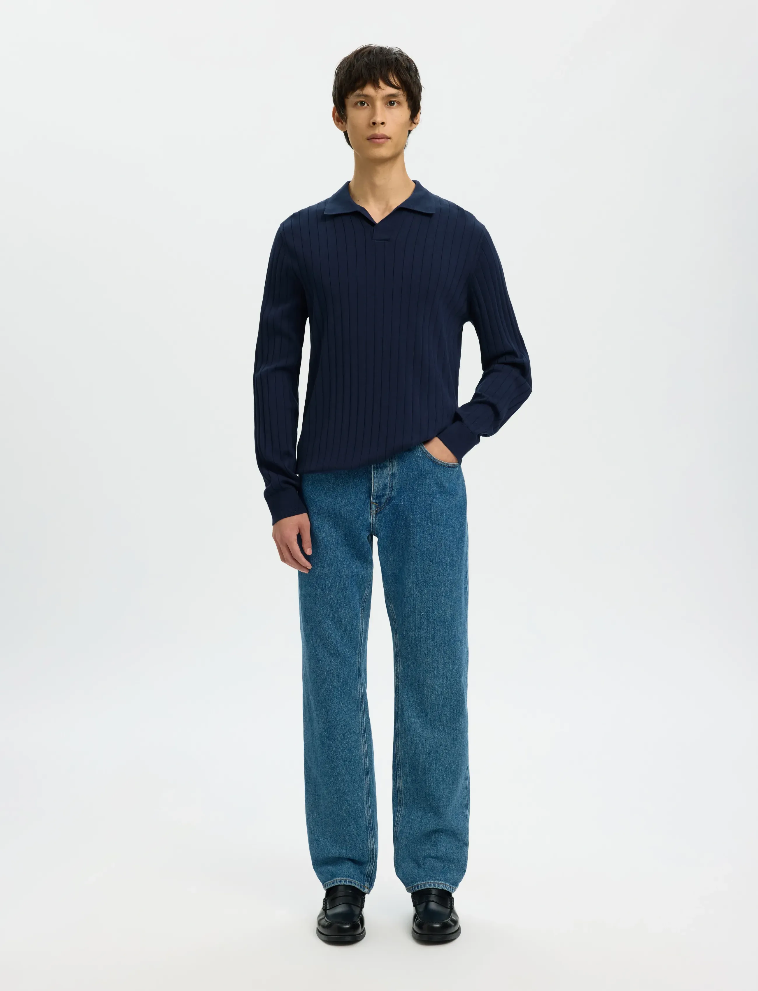 Selected - SLHTORINO LS KNIT OPEN STITCH POLO - pitkähihaiset neulepoolot - navy blazer - 3