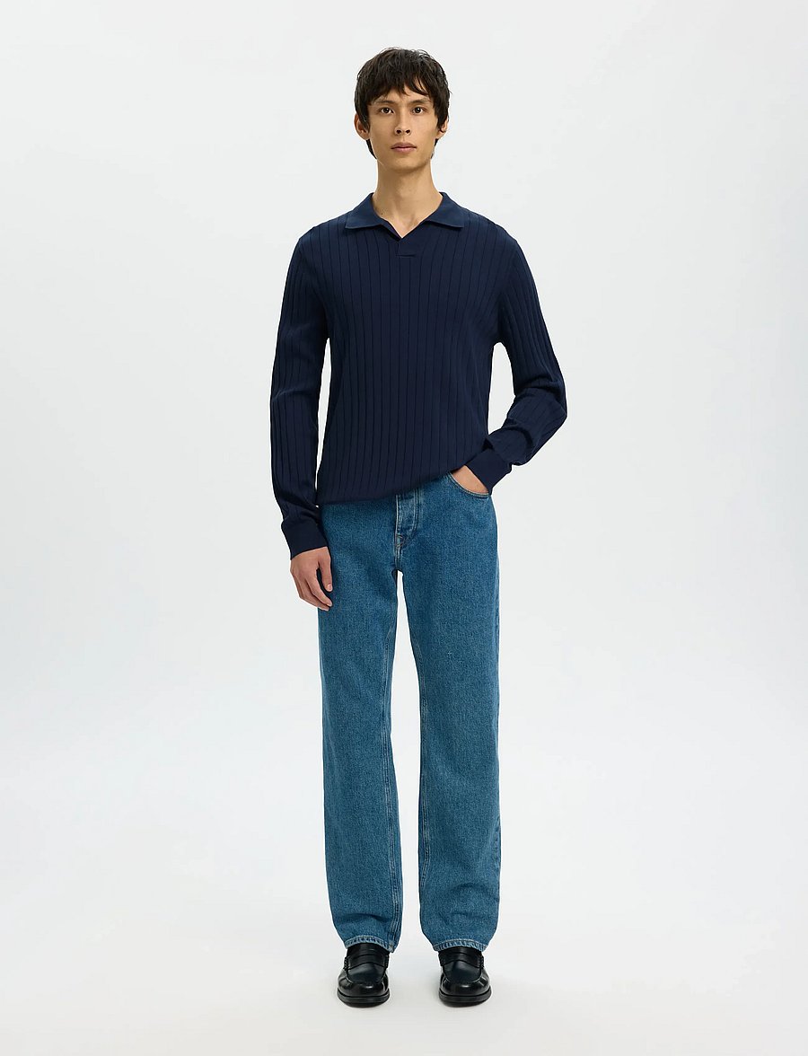 Selected - SLHTORINO LS KNIT OPEN STITCH POLO - pitkähihaiset neulepoolot - navy blazer - 3