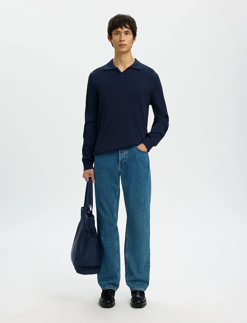 Selected - SLHTORINO LS KNIT OPEN STITCH POLO - geweven polo's - navy blazer - 5
