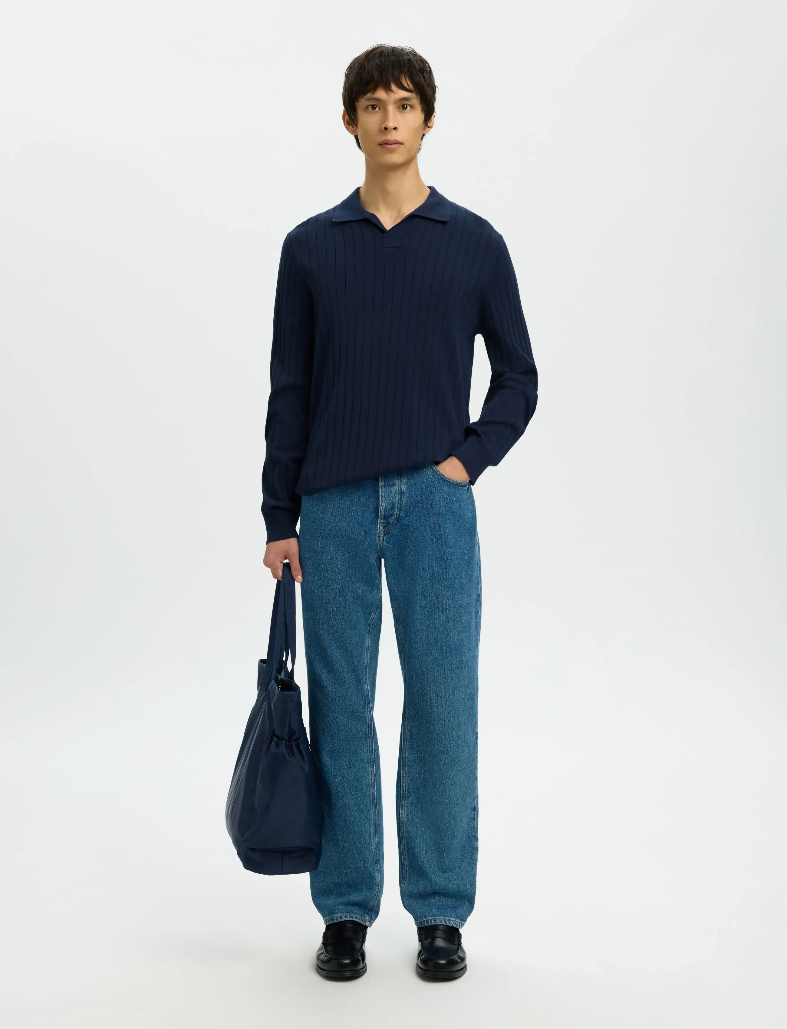 Selected - SLHTORINO LS KNIT OPEN STITCH POLO - pitkähihaiset neulepoolot - navy blazer - 5