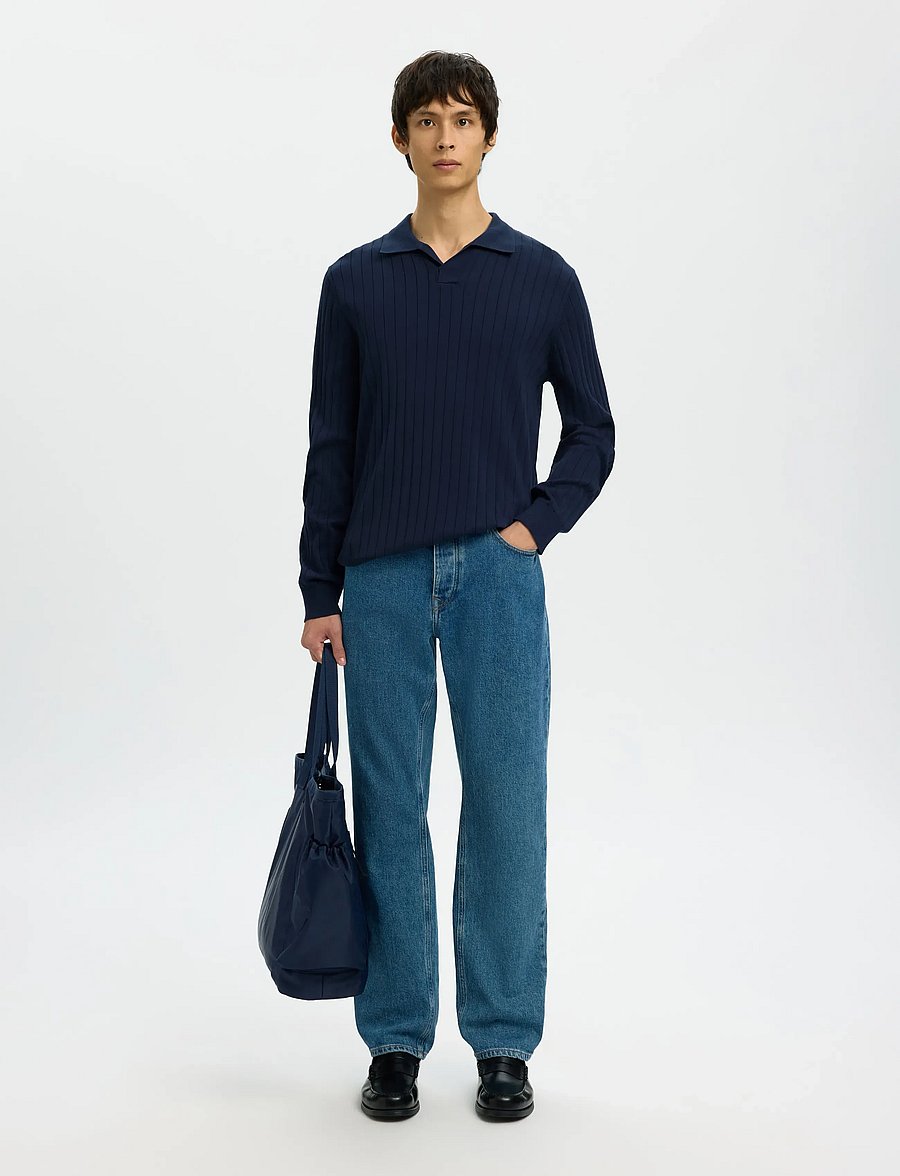 Selected - SLHTORINO LS KNIT OPEN STITCH POLO - pitkähihaiset neulepoolot - navy blazer - 5
