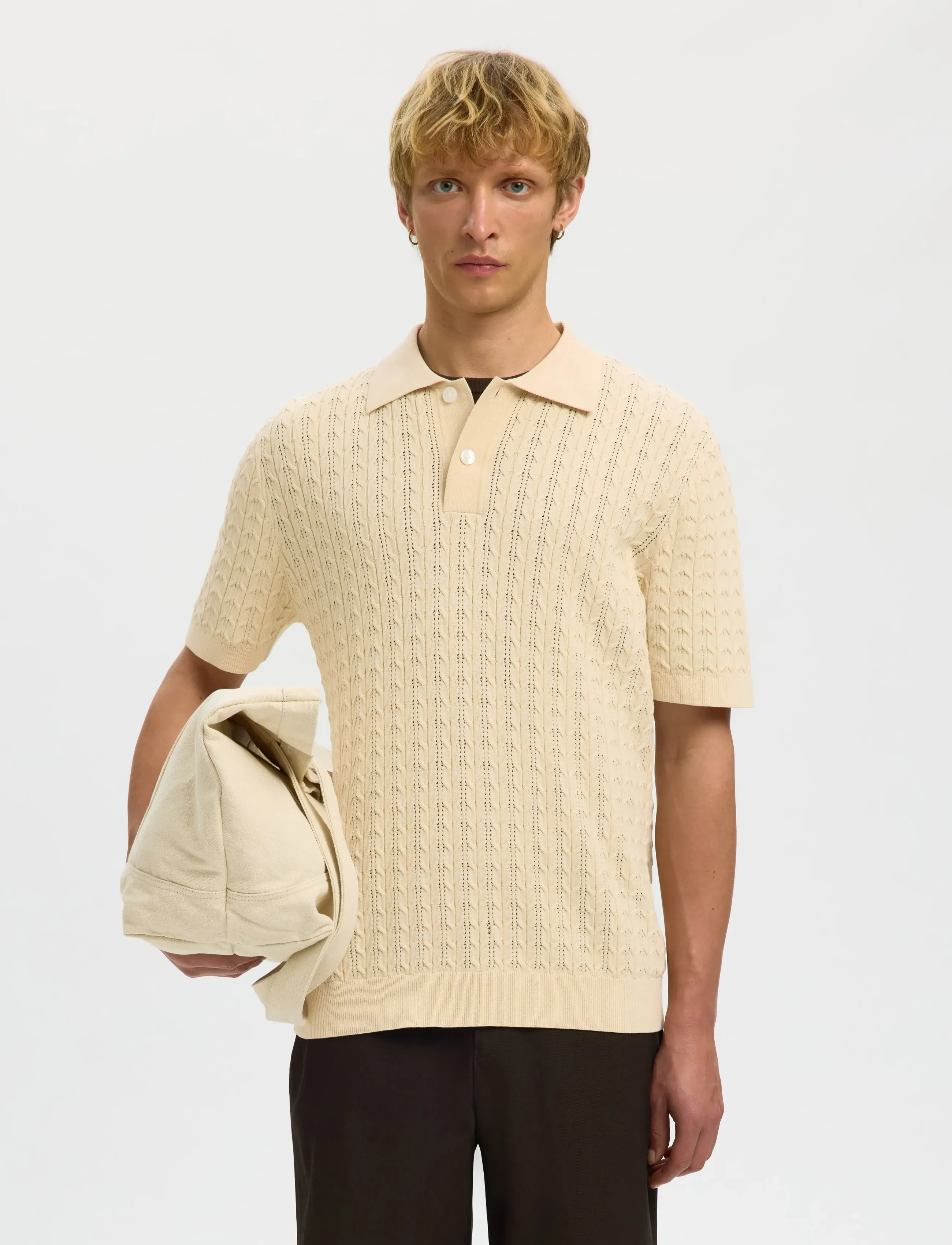 Selected SLHMATTIS SS KNIT NEW CABLE POLO - Selected - ANGORA / cream