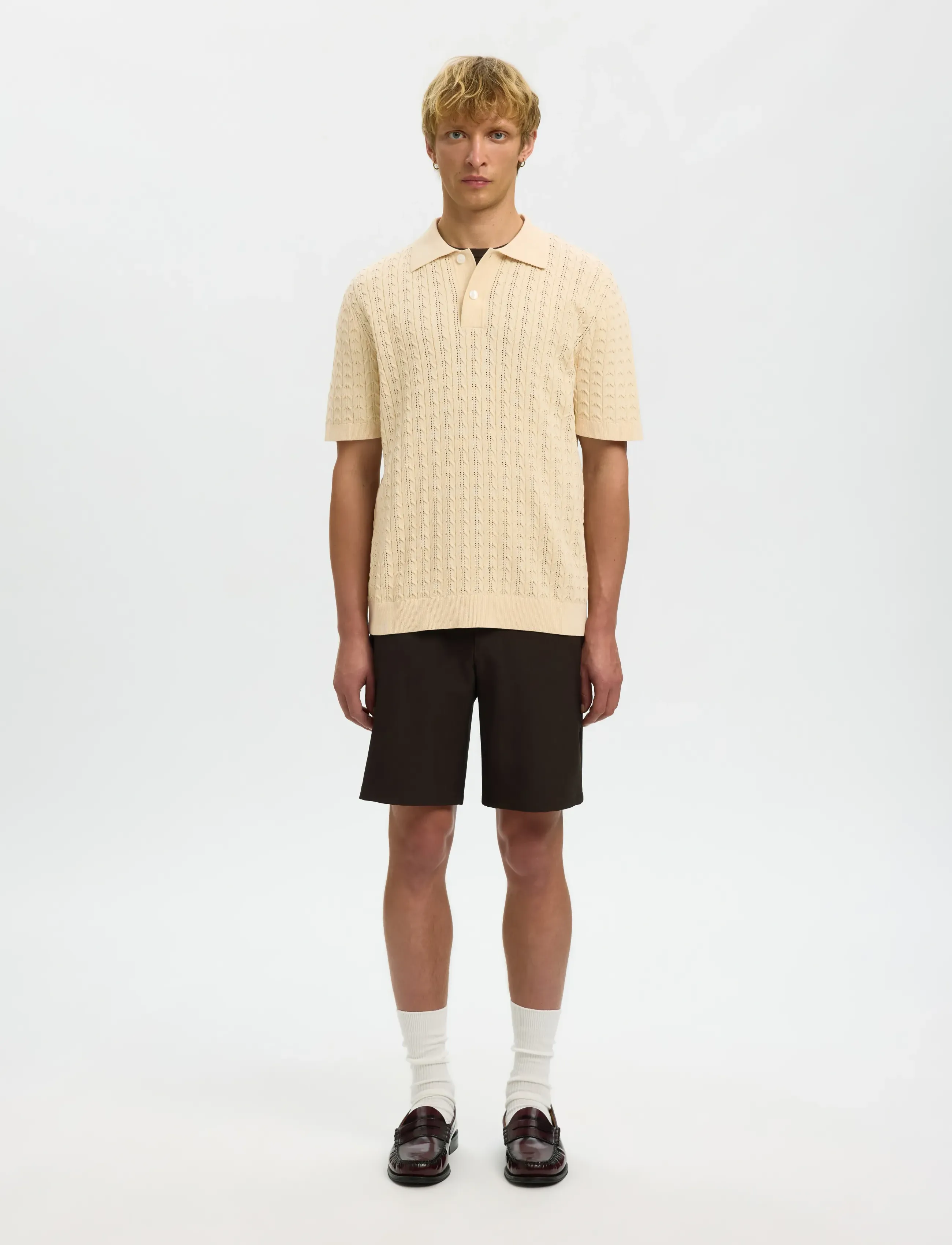 Selected - SLHMATTIS SS KNIT NEW CABLE POLO - kortærmede poloer - angora - 3