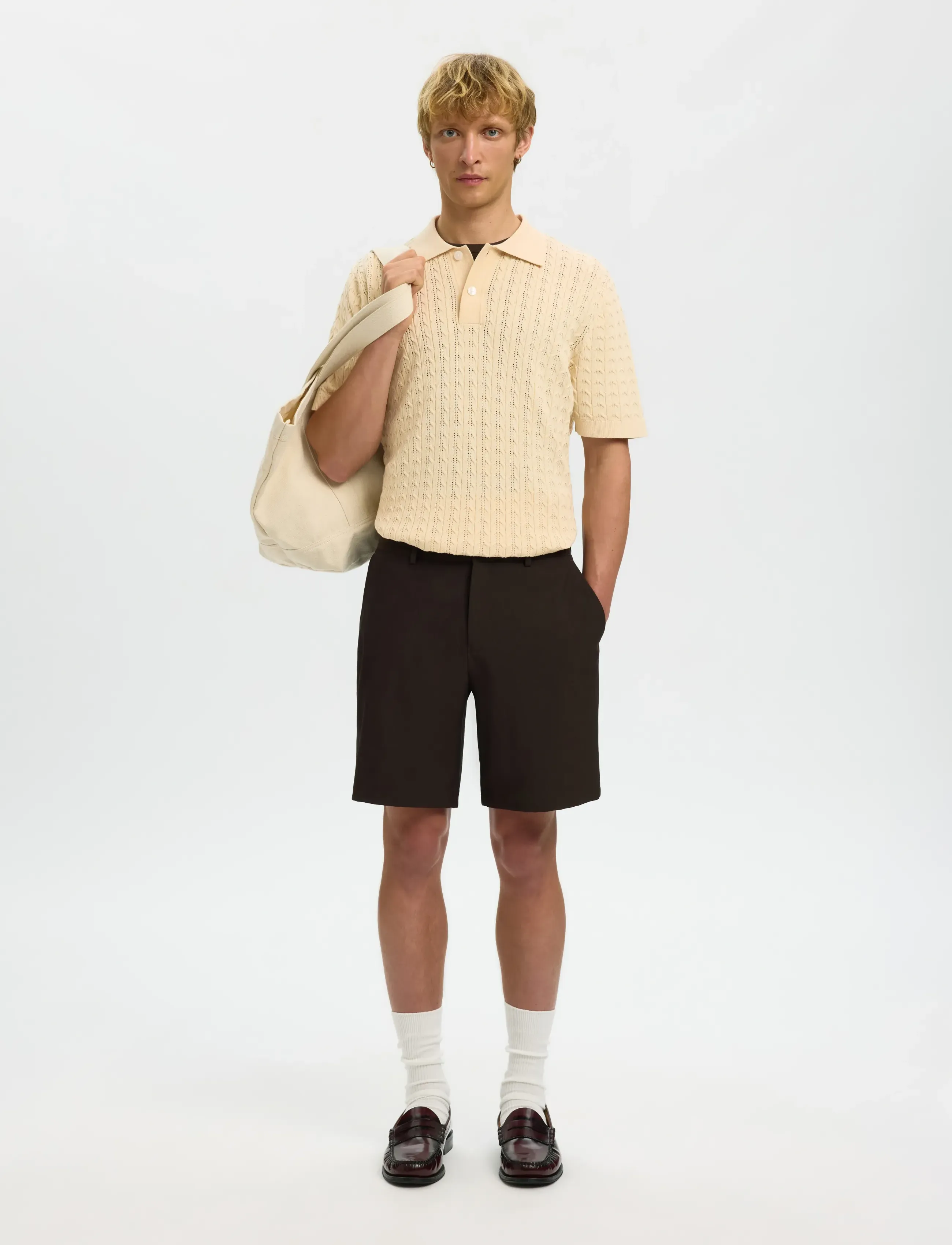 Selected - SLHMATTIS SS KNIT NEW CABLE POLO - stutterma pólóbolir - angora - 4