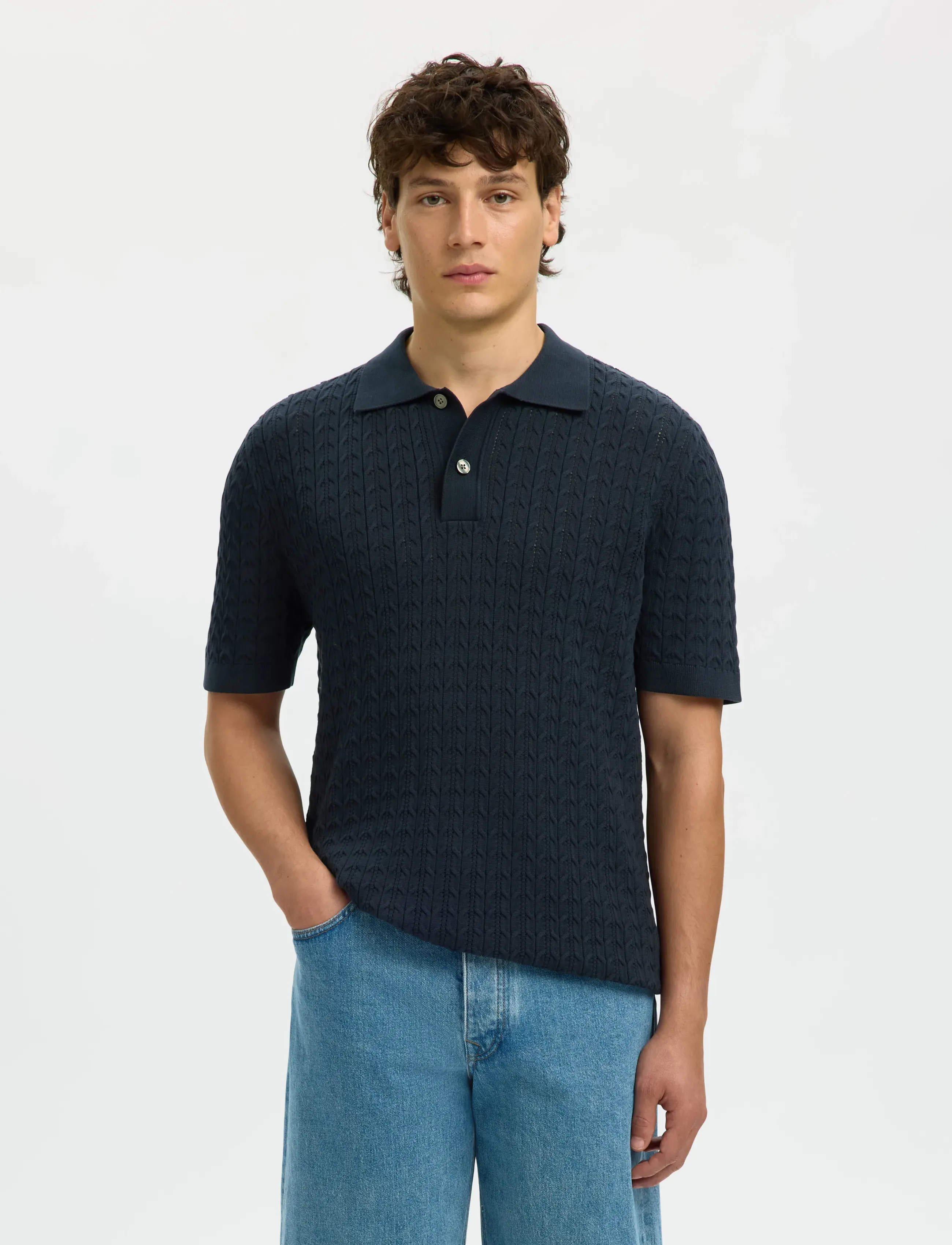 Selected SLHMATTIS SS KNIT NEW CABLE POLO - Pikéer - SKY CAPTAIN / navy