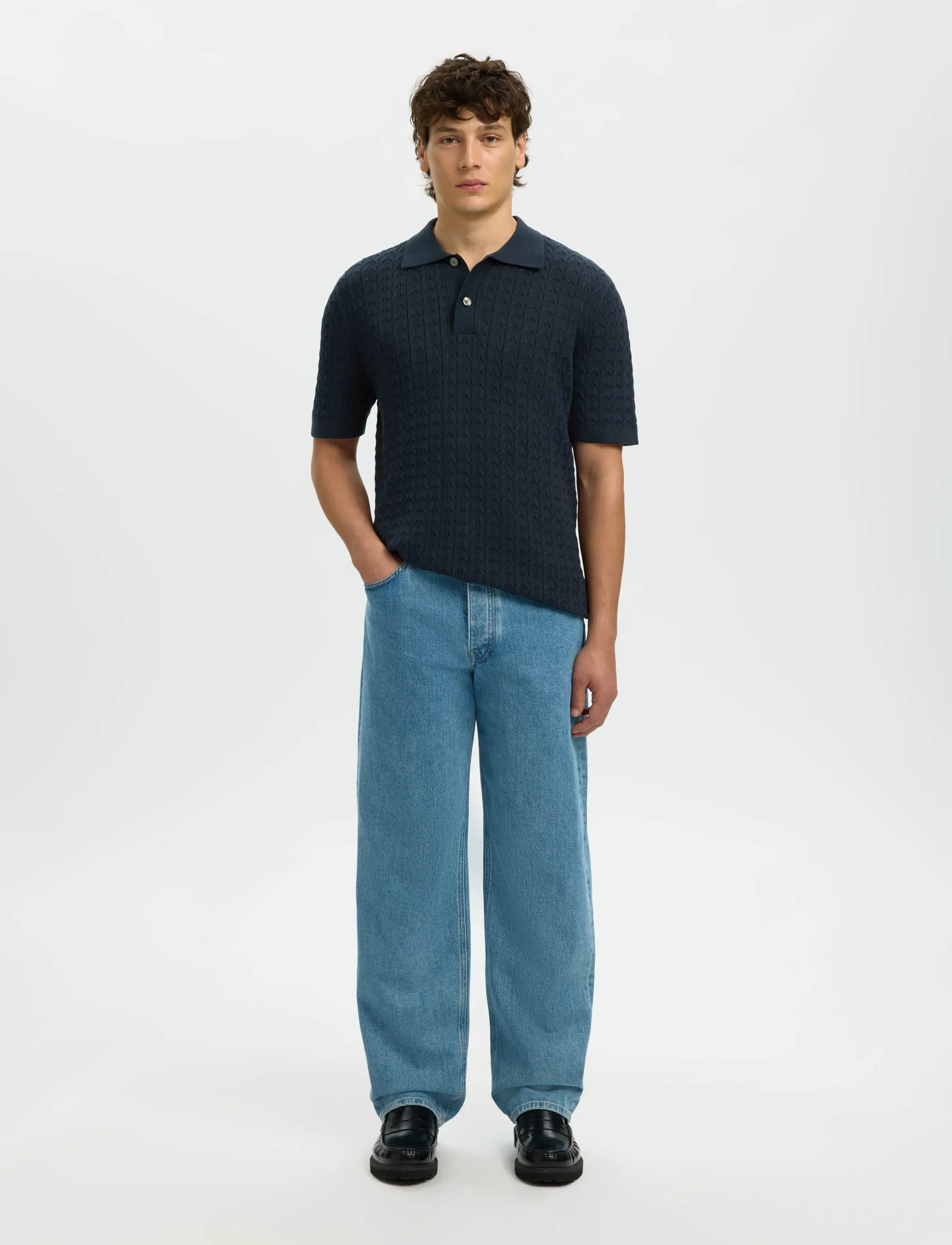 Selected - SLHMATTIS SS KNIT NEW CABLE POLO - polos à manches courtes - sky captain - 3