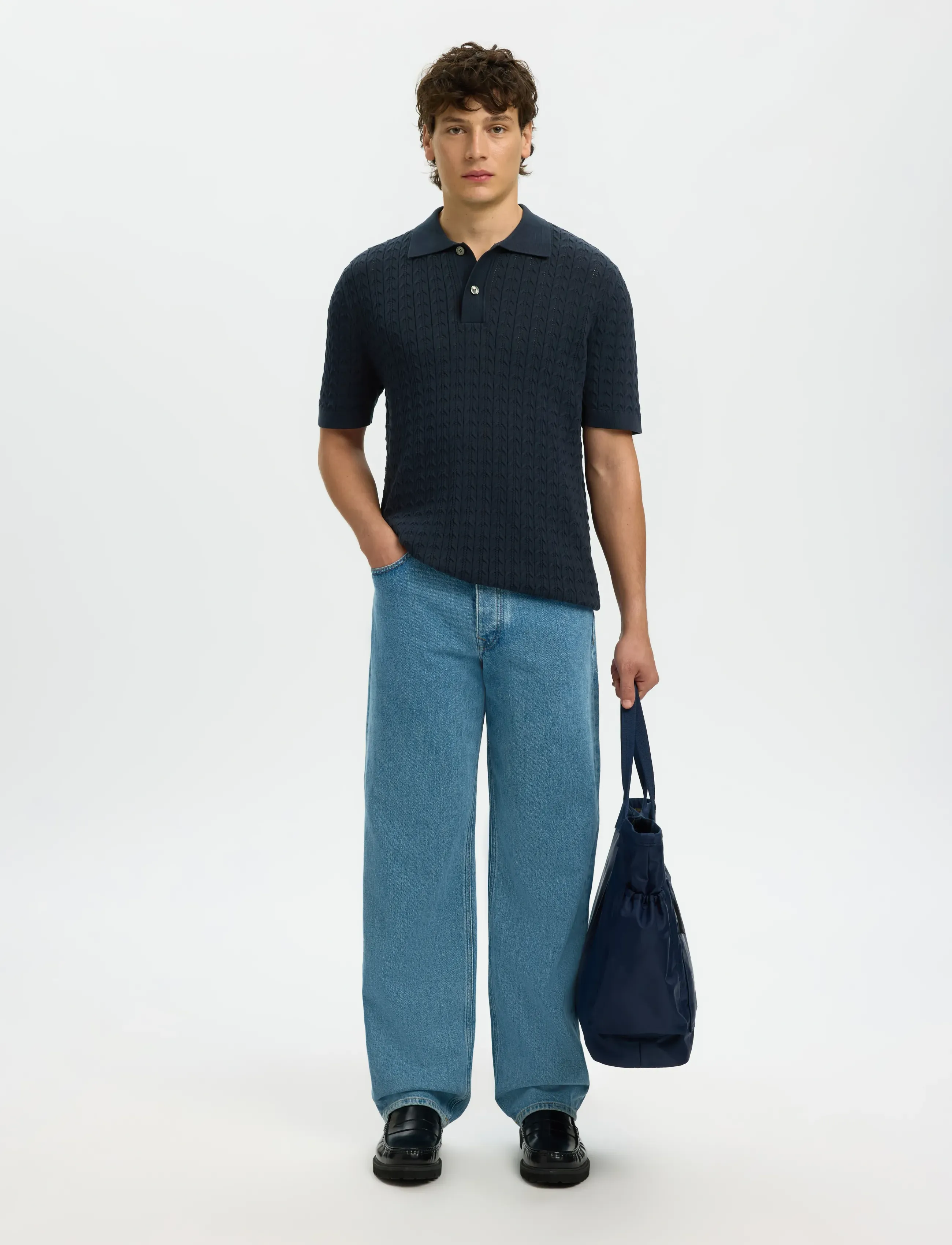 Selected - SLHMATTIS SS KNIT NEW CABLE POLO - polos à manches courtes - sky captain - 4