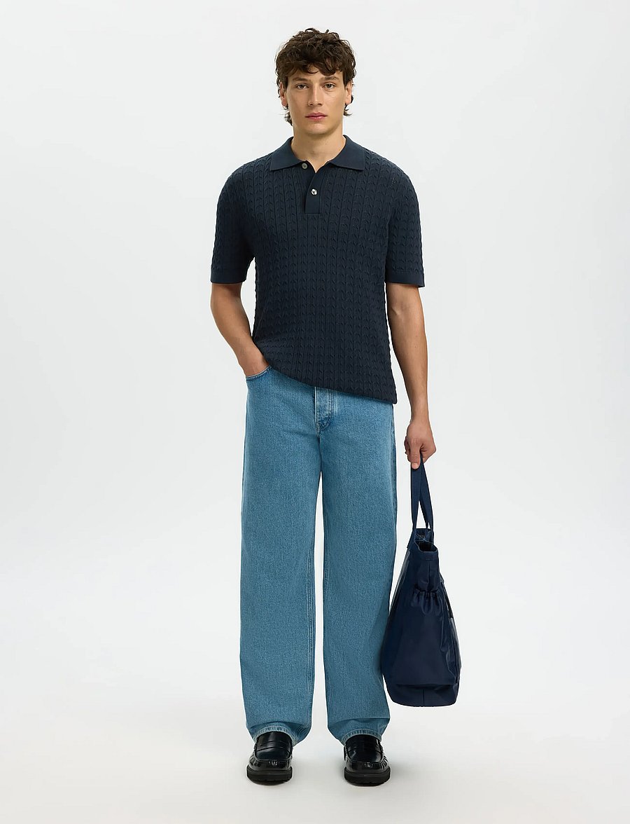 Selected - SLHMATTIS SS KNIT NEW CABLE POLO - polos à manches courtes - sky captain - 4