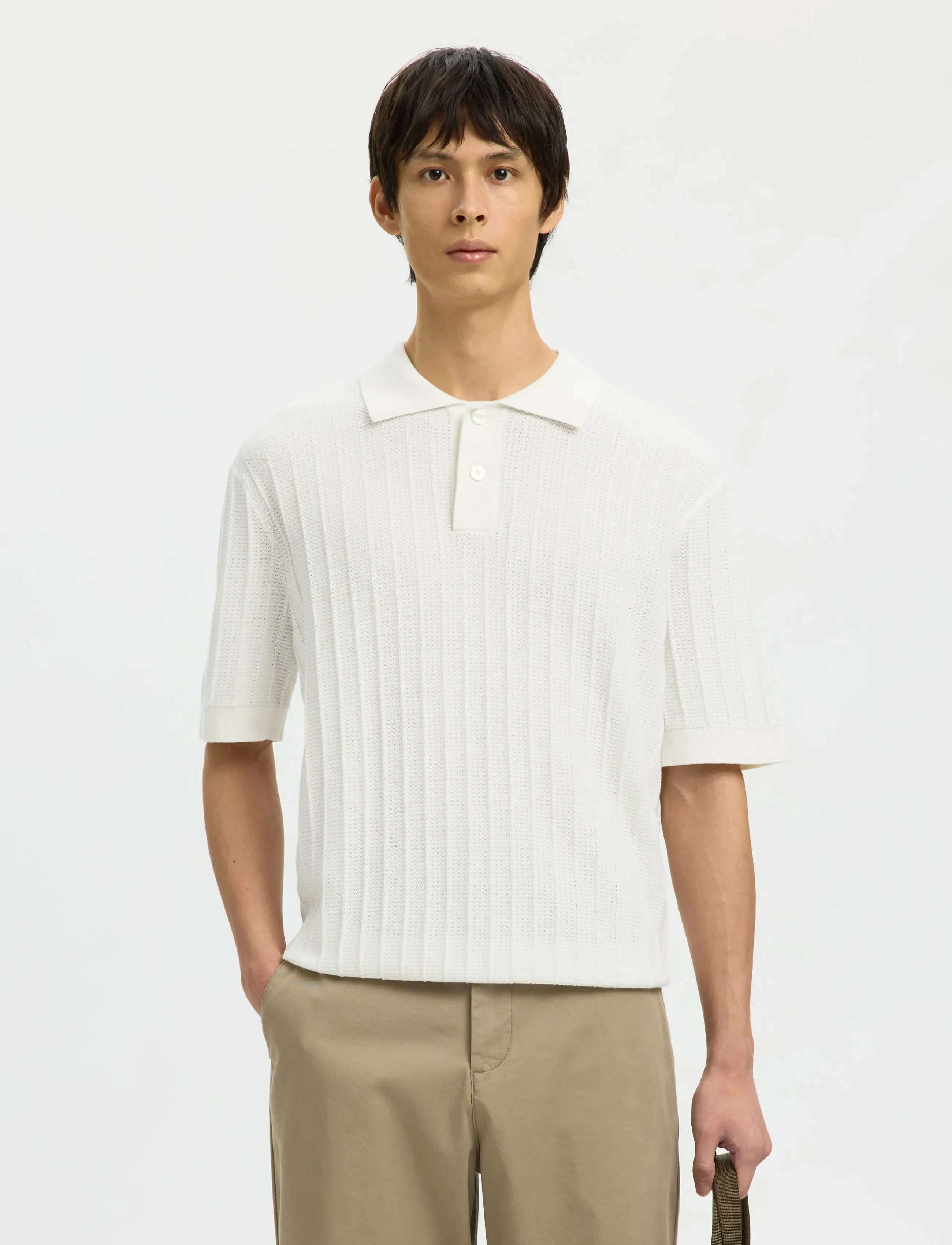Selected Slhdane Ss Knit Color Structure Polo, XL, Polos, Weiß - Short-sleeved, Männerswear
