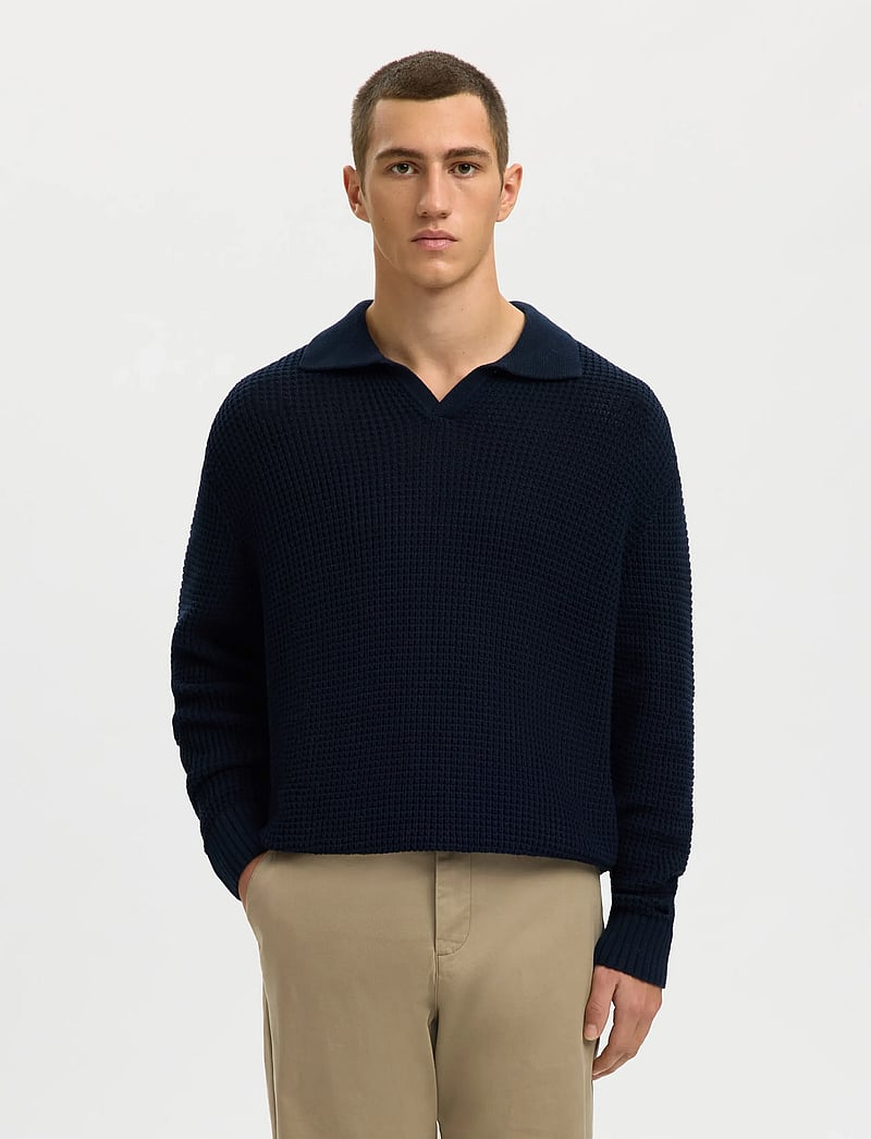 Selected - SLHDERECK LIGHT KNIT RELAXED OPEN POLO - kootud polosärgid - sky captain - 0