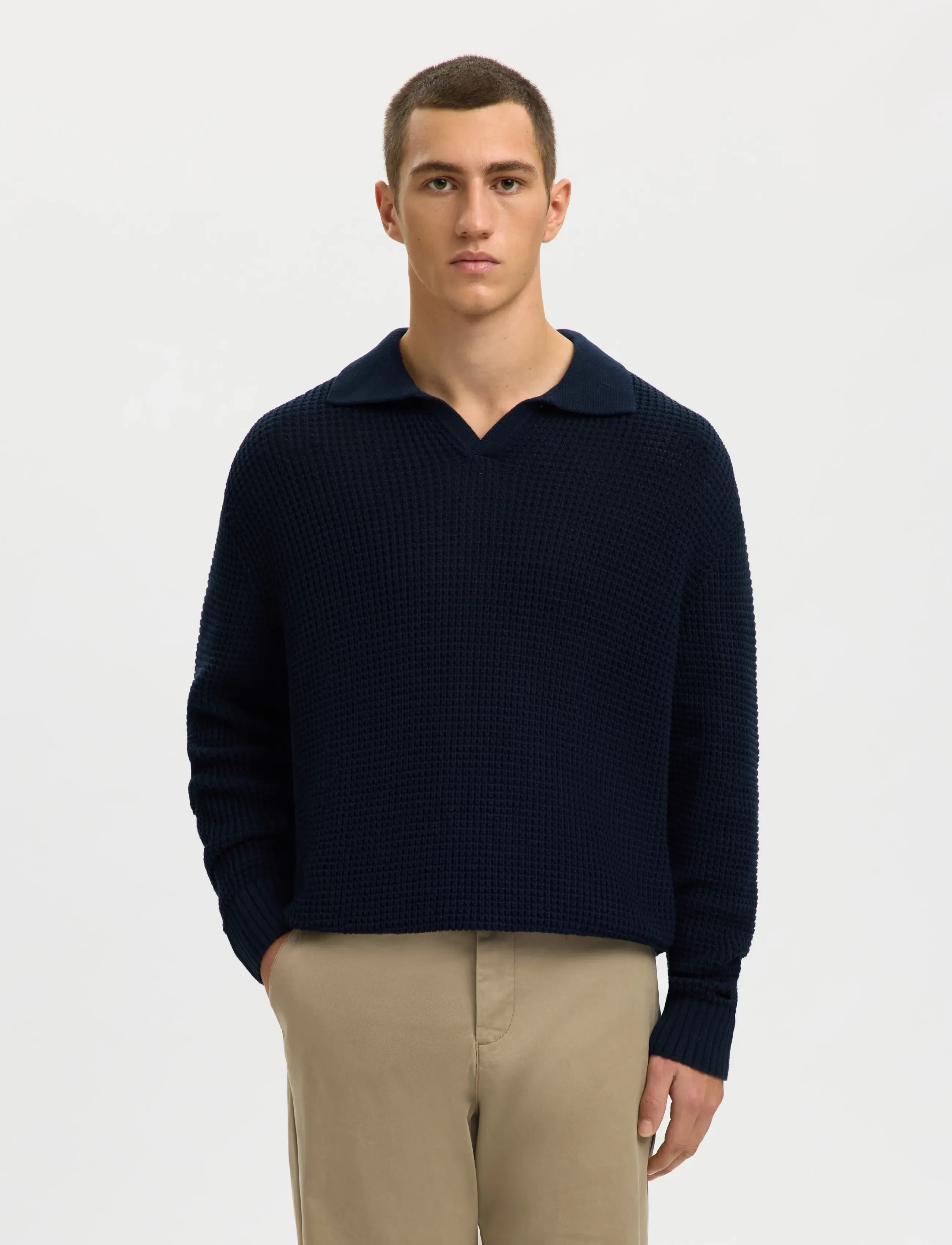 Selected SLHDERECK LIGHT KNIT RELAXED OPEN POLO - Langermede, strikkede pologensere - SKY CAPTAIN / navy